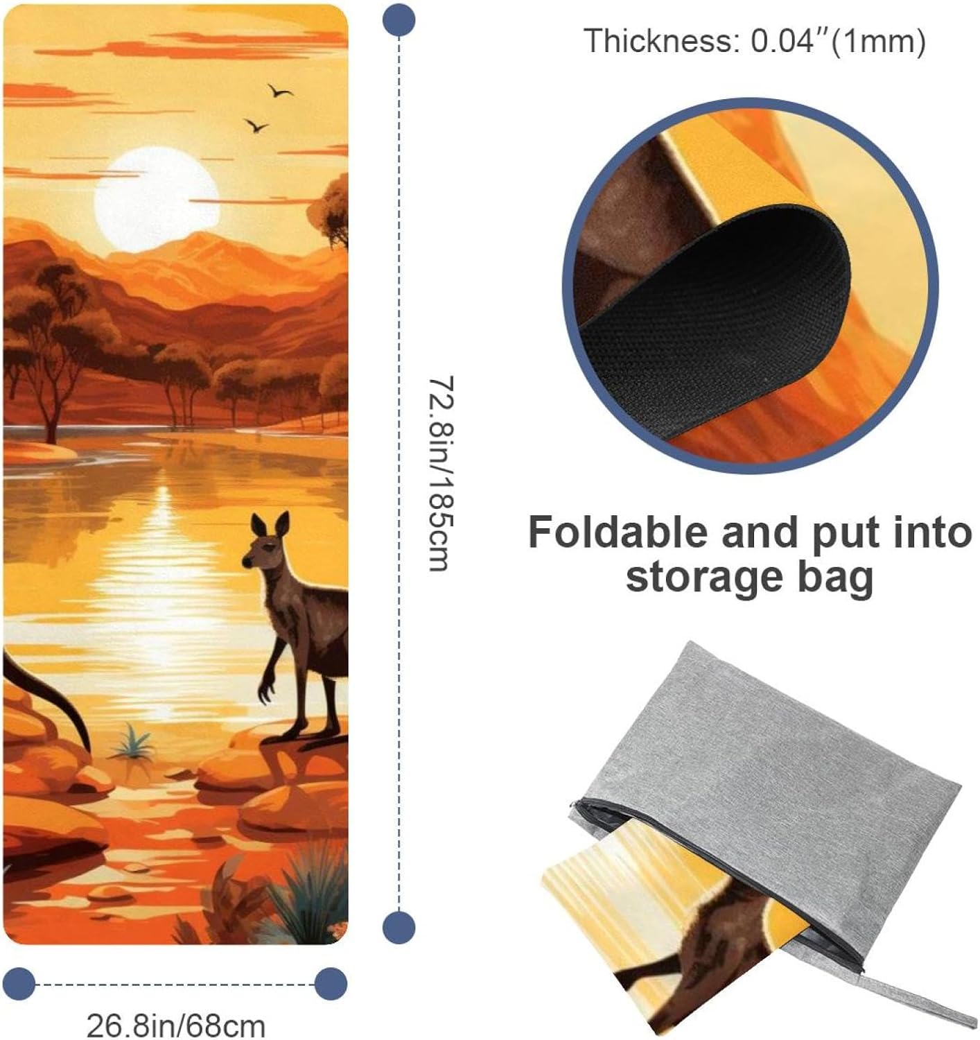 Yoga Towel, Kangaroo Pattern Non Slip Sweat Absorbent Hot Yoga Mat Towel for Hot Yoga, Pilates and Fitness - 72.8" x 26.8"