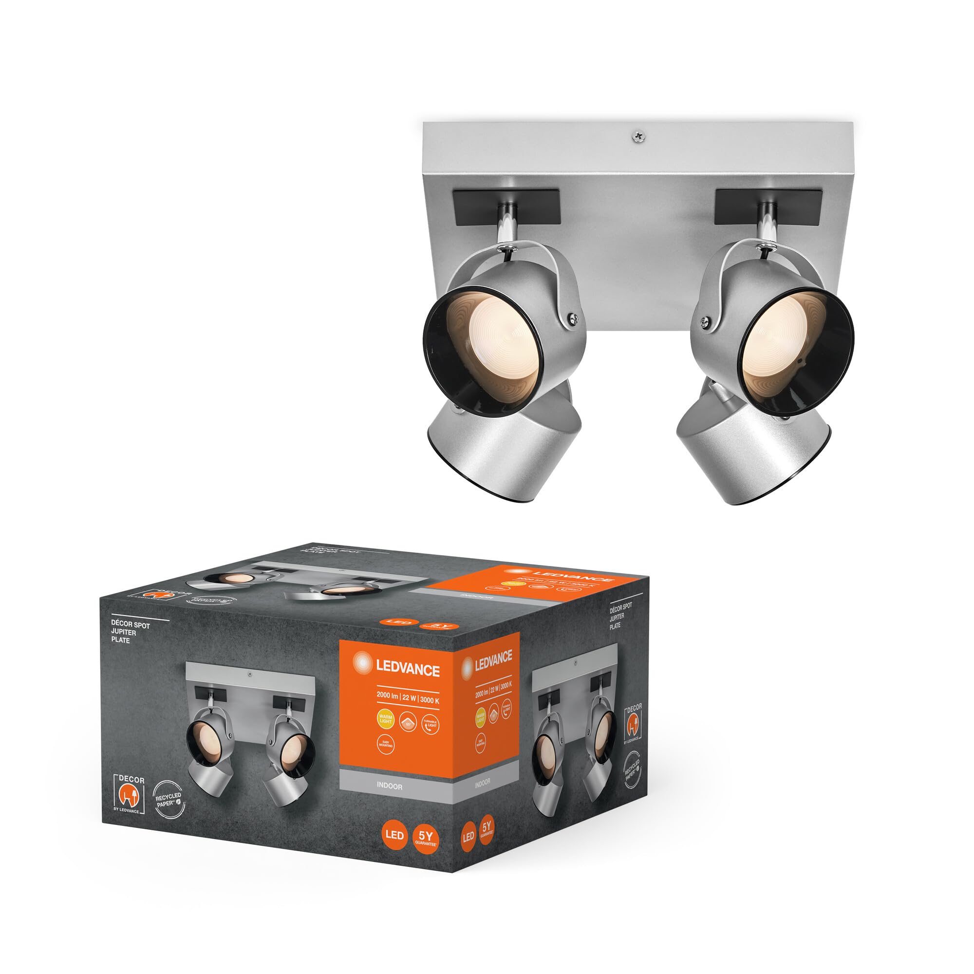 LEDVANCE Decor SPOT Jupiter, 22W, 750lm, Silver, Spotlight, Adjustable Heads, Versatile, Indoor spot, Warm White Light Color, high-Quality Optics, Easy Installation