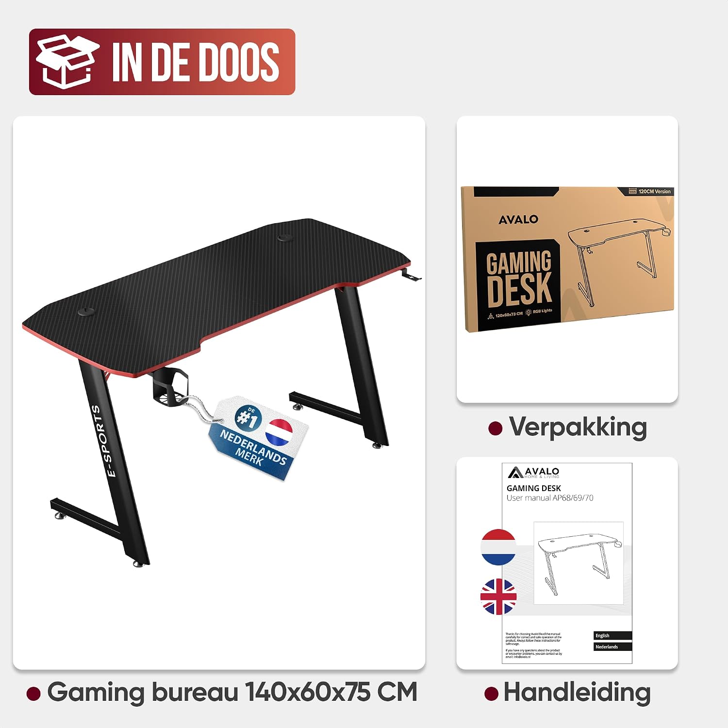 Avalo Gaming Desk package contents including desk parts, packaging, and manual