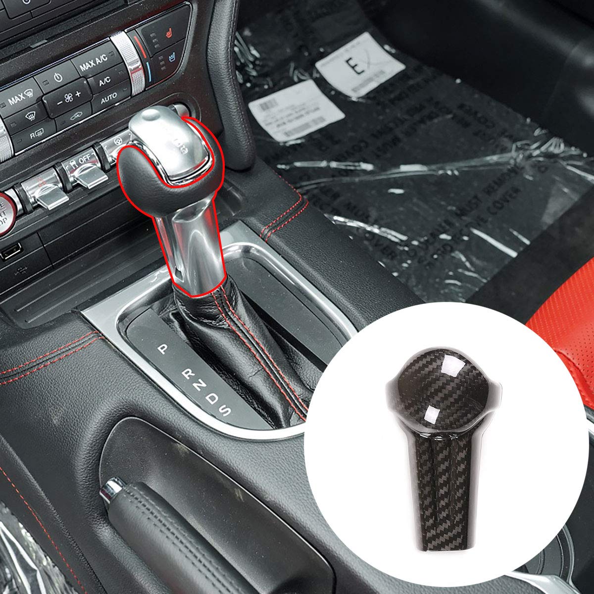 Coque Pommeau Levier Vitesse Fibre Carbone Rouge | Pour Ford Mustang 2015-2019, Décoration Intérieure - 6