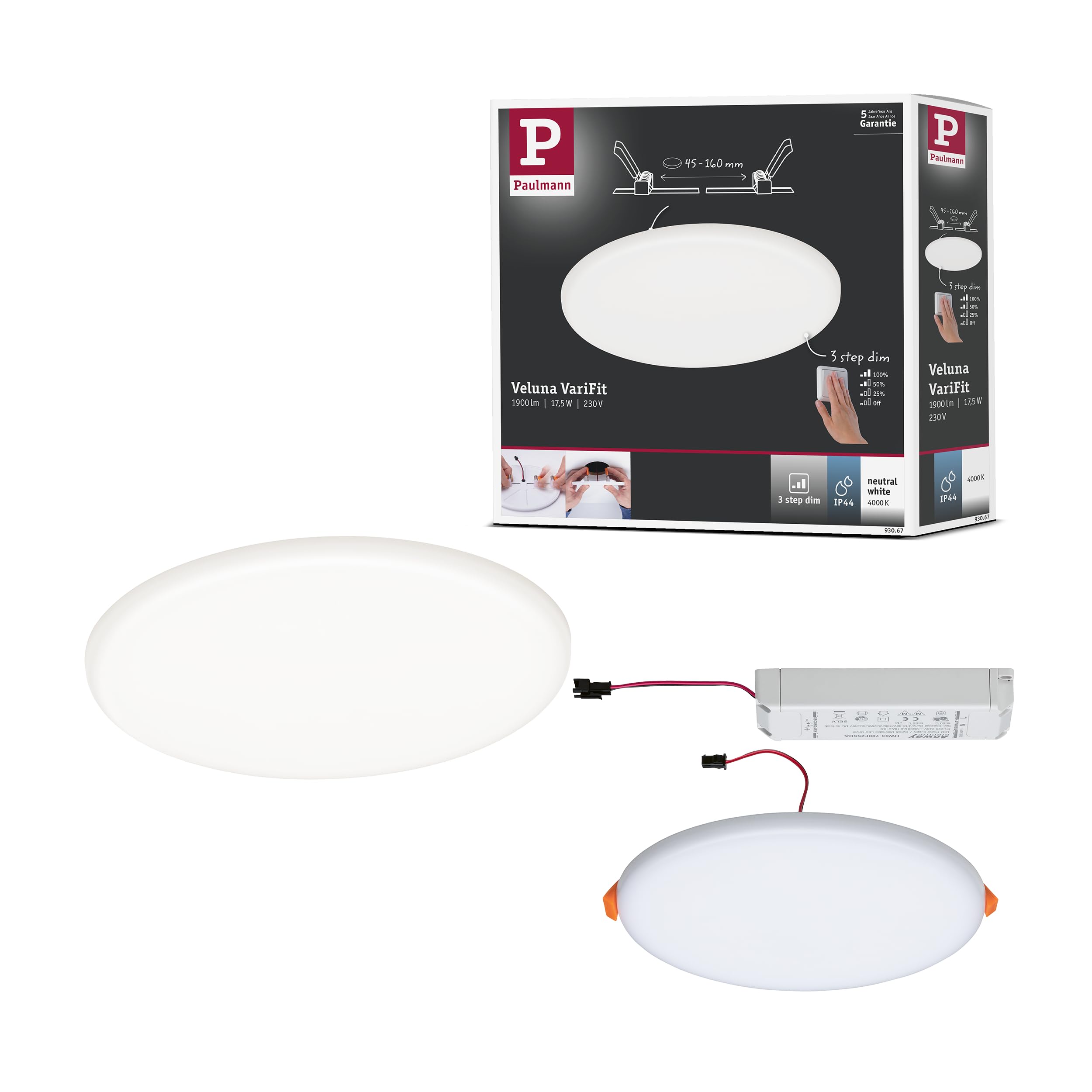 Paulmann 93067 panel LED, oprawa wpusz. Veluna VariFit, IP44 ściem. 3-stopn. 185mm okrągła, w kompl. oprawa sufitowa 1x17,5 W satyn. tw.szt. 4000 K