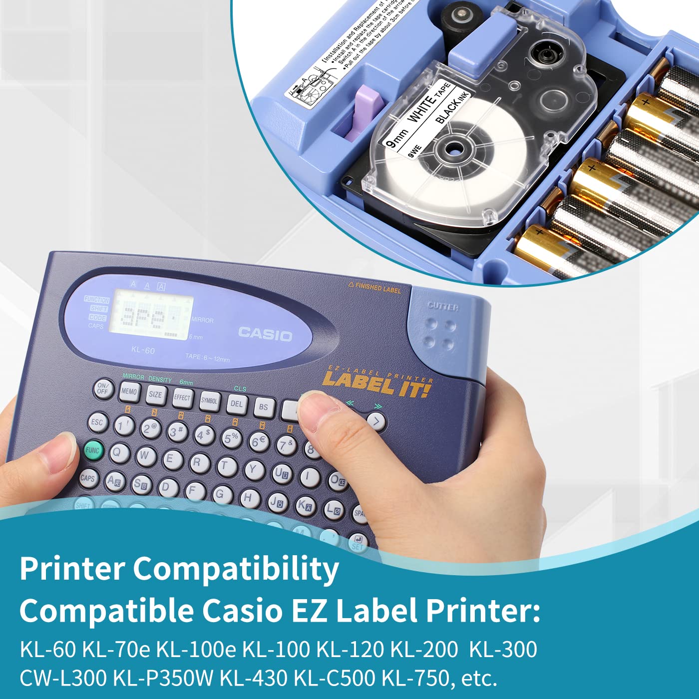 Nastro Per Etichette Compatibile Casio - Nero Su Bianco 9mm X 8m | Per KL-60, KL-120, KL-820 E Altri Modelli