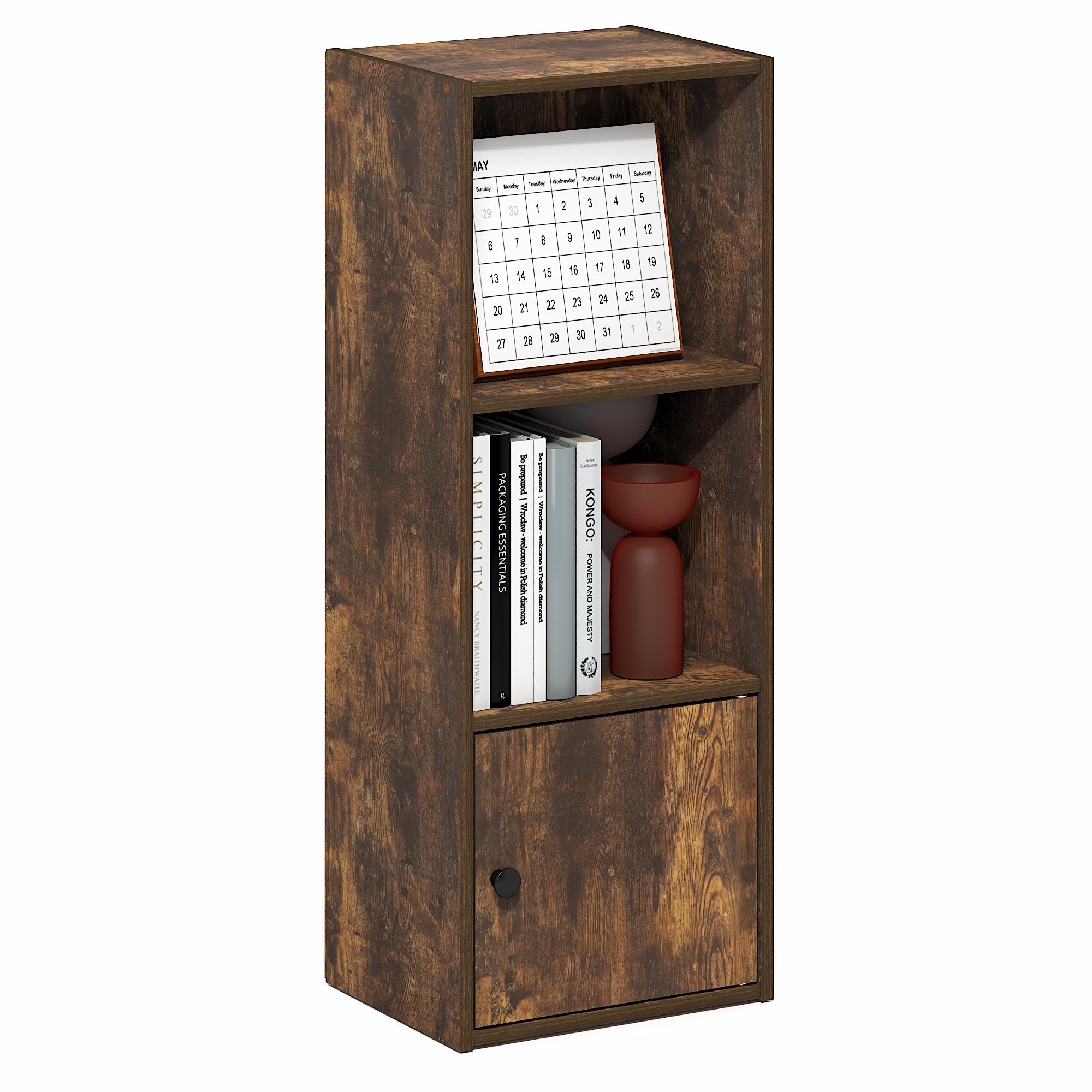 Furinno LUDER 3-Tier Bookshelf with Open Shelf, Standing Bookcase with 1 Door Cabinet, 23.6 x 30.5 x 80.0 cm, for Organization and Storage, for Living Room, Bedroom, Home Office, Amber Pine — image 1