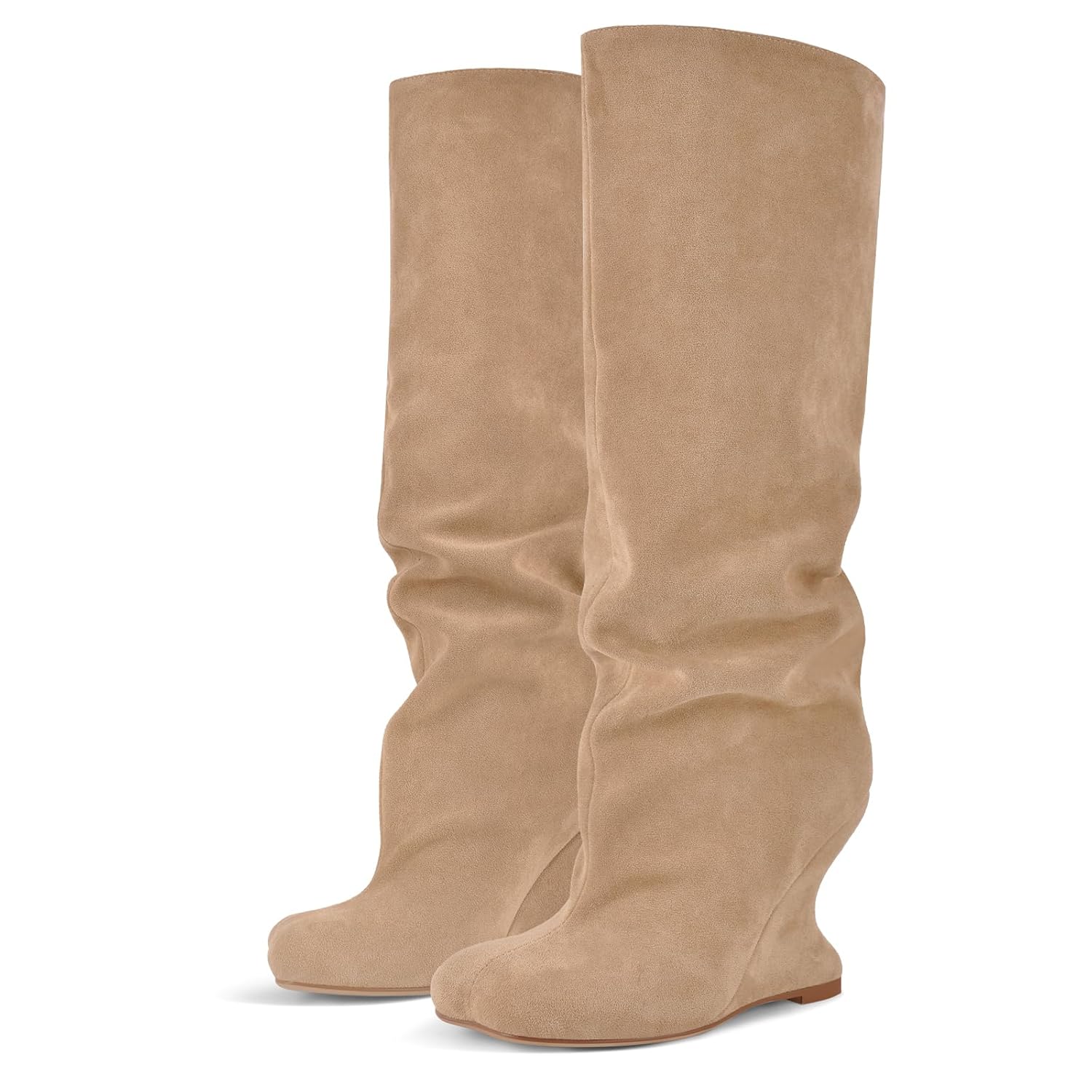 Richealnana Womens Square Toe Wide Calf Pull On Wedge Heel Slouch Knee High Boots