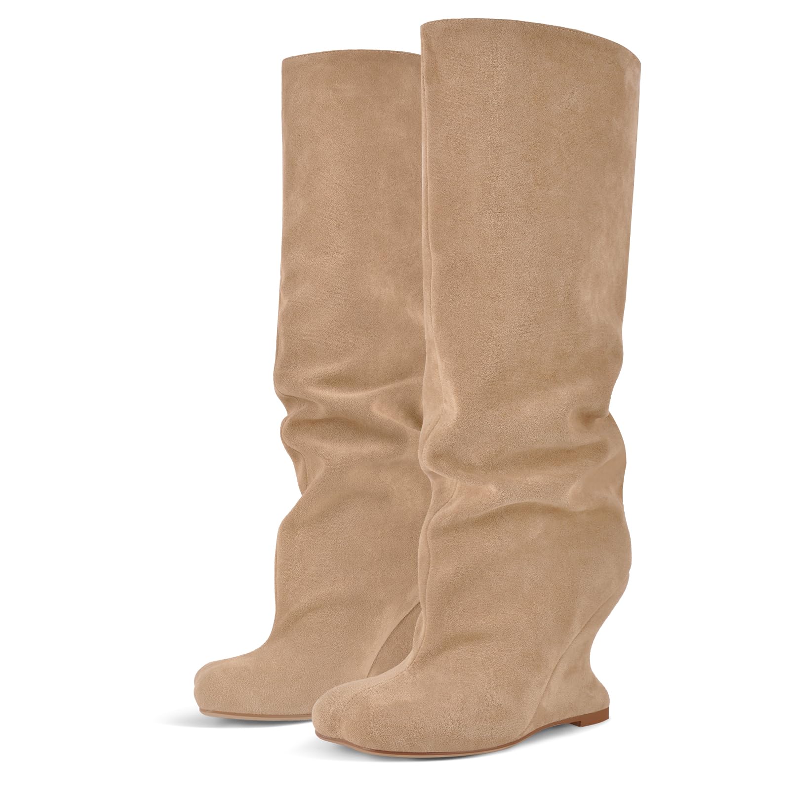 Richealnana Womens Square Toe Wide Calf Pull On Wedge Heel Slouch Knee High Boots