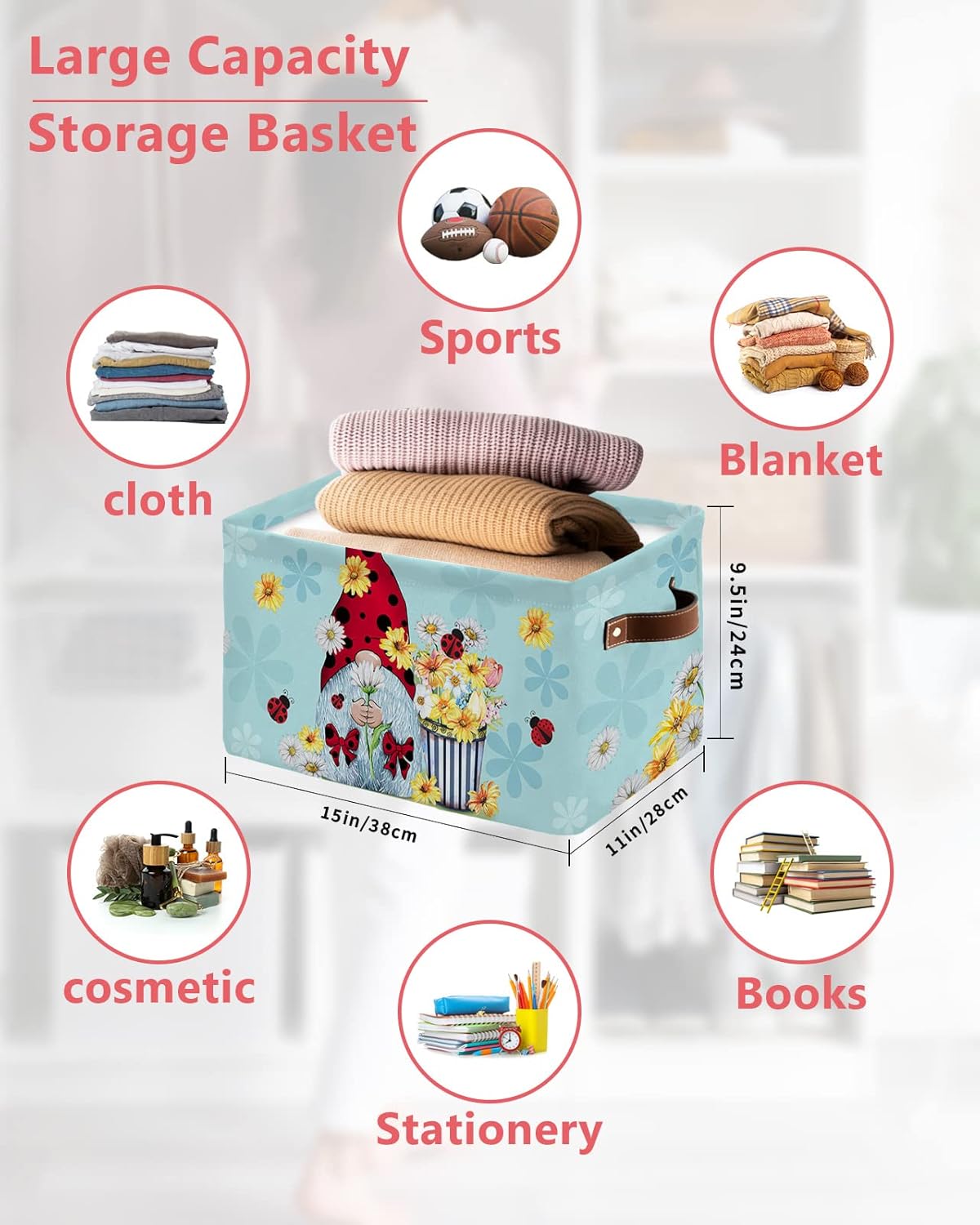 Storage Bins Large Storage Basket,Summer Ladybug Gnome Yellow Daisy Flower Collapsible Storage Bins with Handle,Watercolor Bloom Floral on Blue Storage Baskets Cube Organizer for Shelves Closet