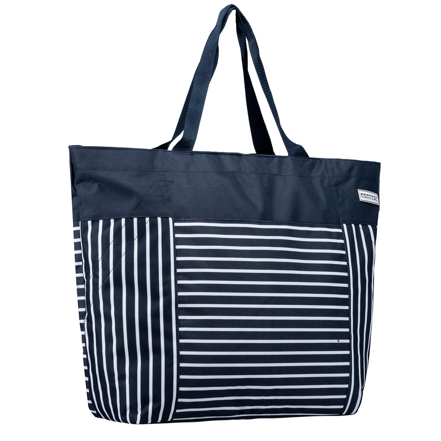 anndora XXL Strandtasche 40 Liter – große Badetasche mit Reißverschluss & Zusatzfächern – faltbarer Shopper für Strand, Schwimmbad, Sauna & Einkaufen (Navy Blau Weiß)