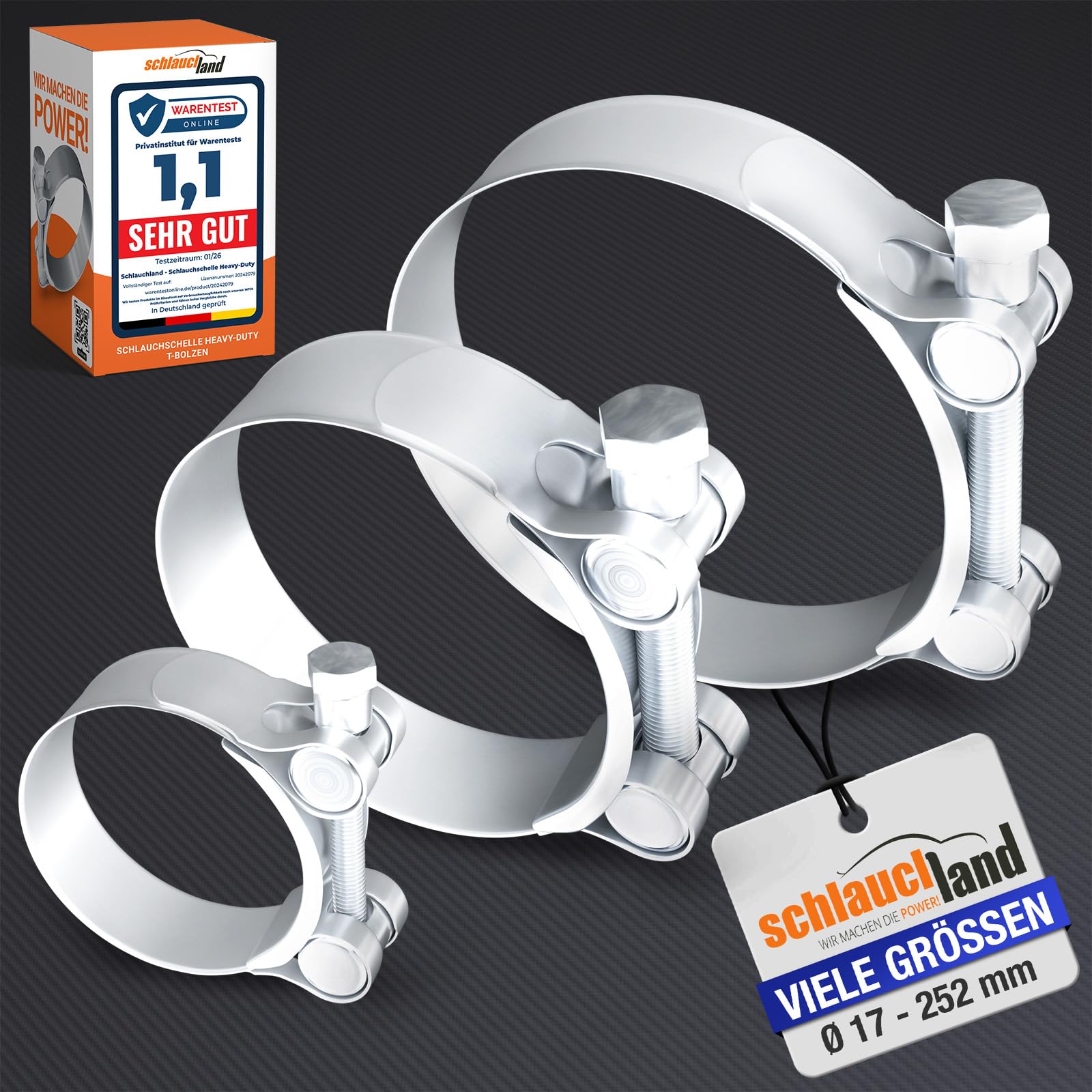9x EDELSTAHLSCHELLE EXTRA-STARK Ø 92-97mm V2A Gelenkbolzenschelle | GRÖSSEN 17-252mm & 1/10/20/50/100 Stück | DIN 3017 EN 62275 SCHLAUCH-SCHELLE INOX W4 100% Edelstahl V2A 1.4301 T-Bolzen | TOP