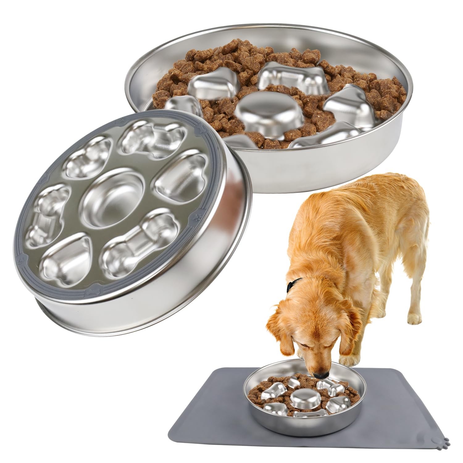 Fosoloni Anti Schling Napf für Hunde mit Napfunterlage Silikon, Antischlingnapf Edelstahl, mit rutschfeste Silikonbasis, Slow Feeder Hund für Mittelgroße/Große Hunde/Katze, Ø 21.5cm, 1000ml