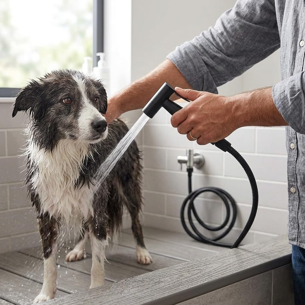 Grifo Bidet para WC Ducha Higiénica de Acero Inoxidable con Manguera 1.5m, para Higiene Personal y Limpieza de Mascotas Incluye Adaptador G1/2 (Negro) - 2