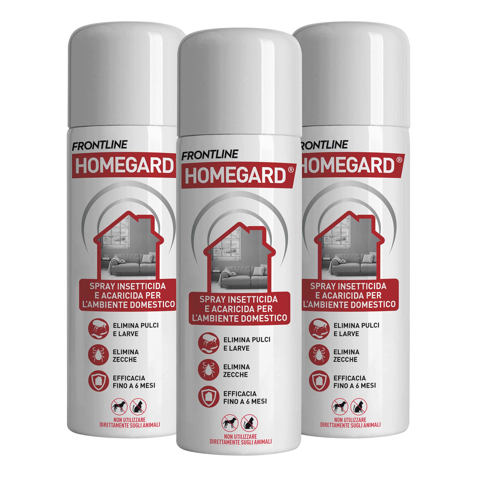 Frontline Homegard Spray Insetticida Confezione da 3 pezzi, Antipulci per Ambienti ad Azione Rapida, Protegge Mobili e Tessili di Casa, Elimina Pulci, Zecche, Uova e Larve fino a 6 Mesi, 3 per 250 ml