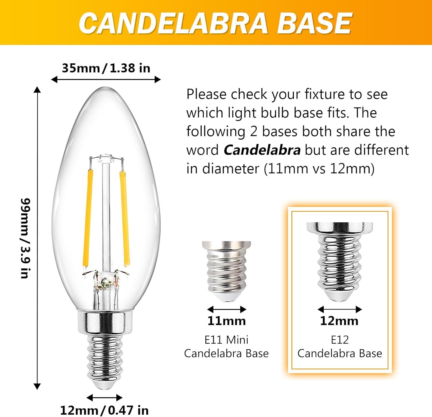 Ascher E12 LED Classic Candelabra Clear Light Bulb, 4W, Equivalent 40W, Warm White 2700K, Non-Dimmable, Filament Clear Glass, Pack of 5 - Image 3