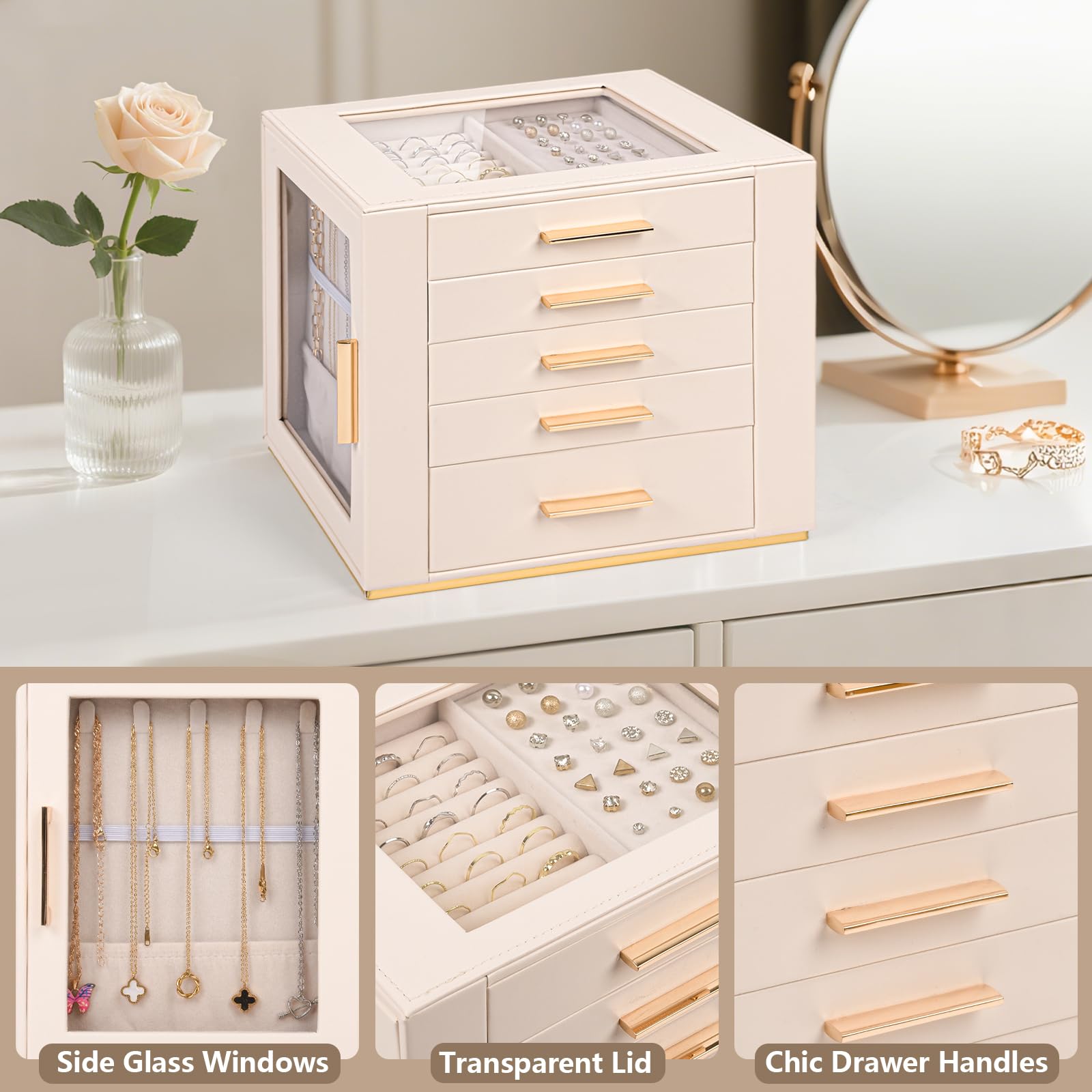 Schmuckkästchen Mädchen, Schmuckaufbewahrung Groß,Schmuck Organizer Schublade,Schmuckkasten mit Glasdeckel,Jewelry Box für Ohrringe,Uhren,Ringe,Schmuckschatulle für Weihnachten,Valentinstag