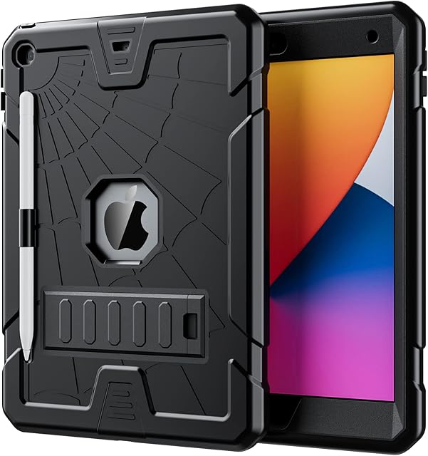 Herize iPad Case 10.2 inch 9th/8th/7th Generation with Pencil Holder | Protective iPad 10.2 Case 2021/2020/2019 for Kids | Heavy Duty Hard Bumper Shockproof Cases with Stand for iPad 9/8/7 -Black