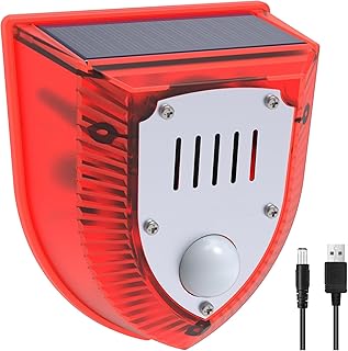 Revamped Solar Outdoor Motion Detector Alarm with 129dB Dog Barking & Gunshot Sounds, USB Charging & Strobe Light, 3 Operating Modes – Deter Intruders Effectively