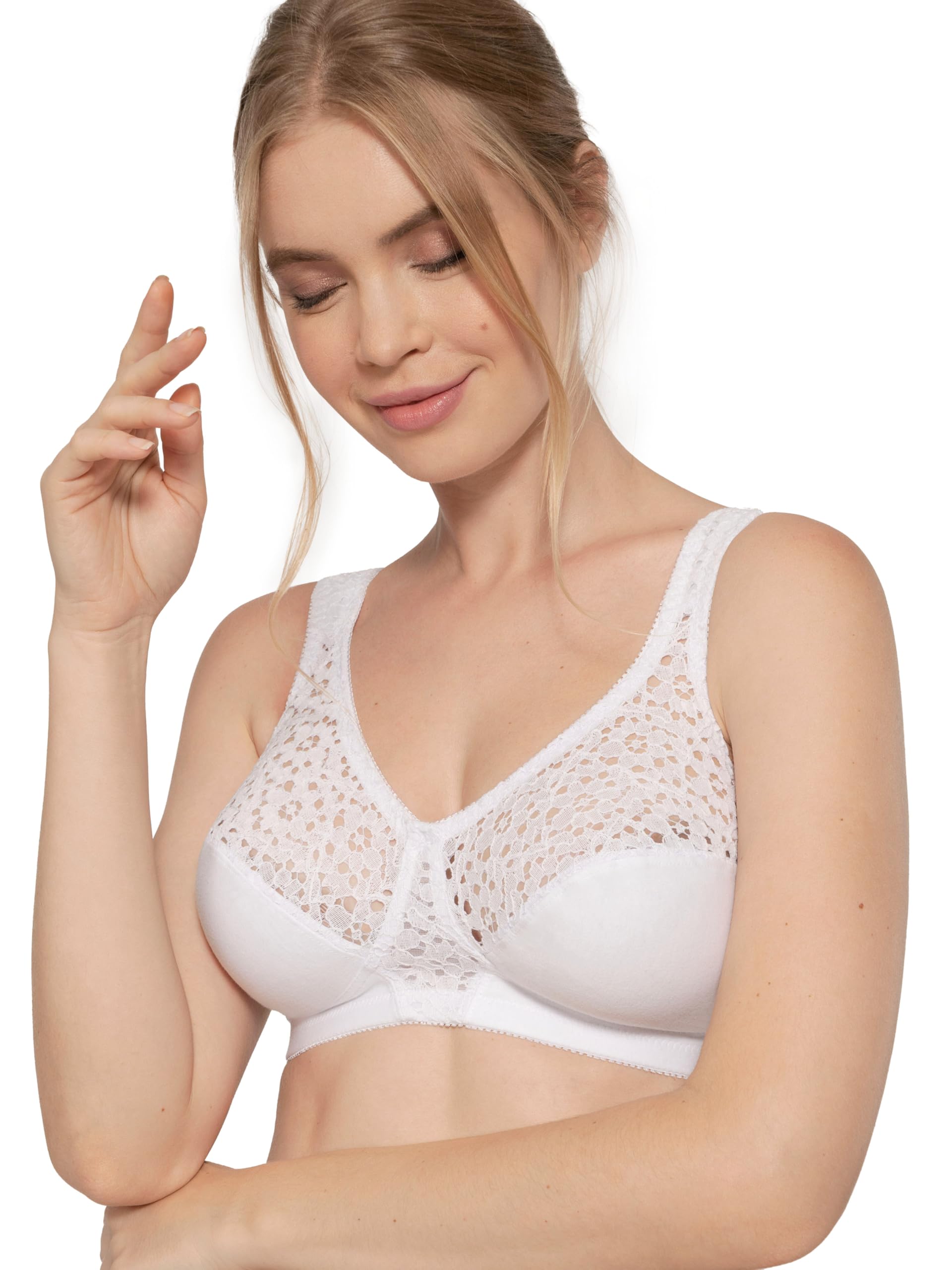 DORINA Women's Yvonne Non-Padded Bralette - Wireless Lace, Cotton, and Micro Fabric with U-Back Wings and Side Boning for Curvy Busts, White