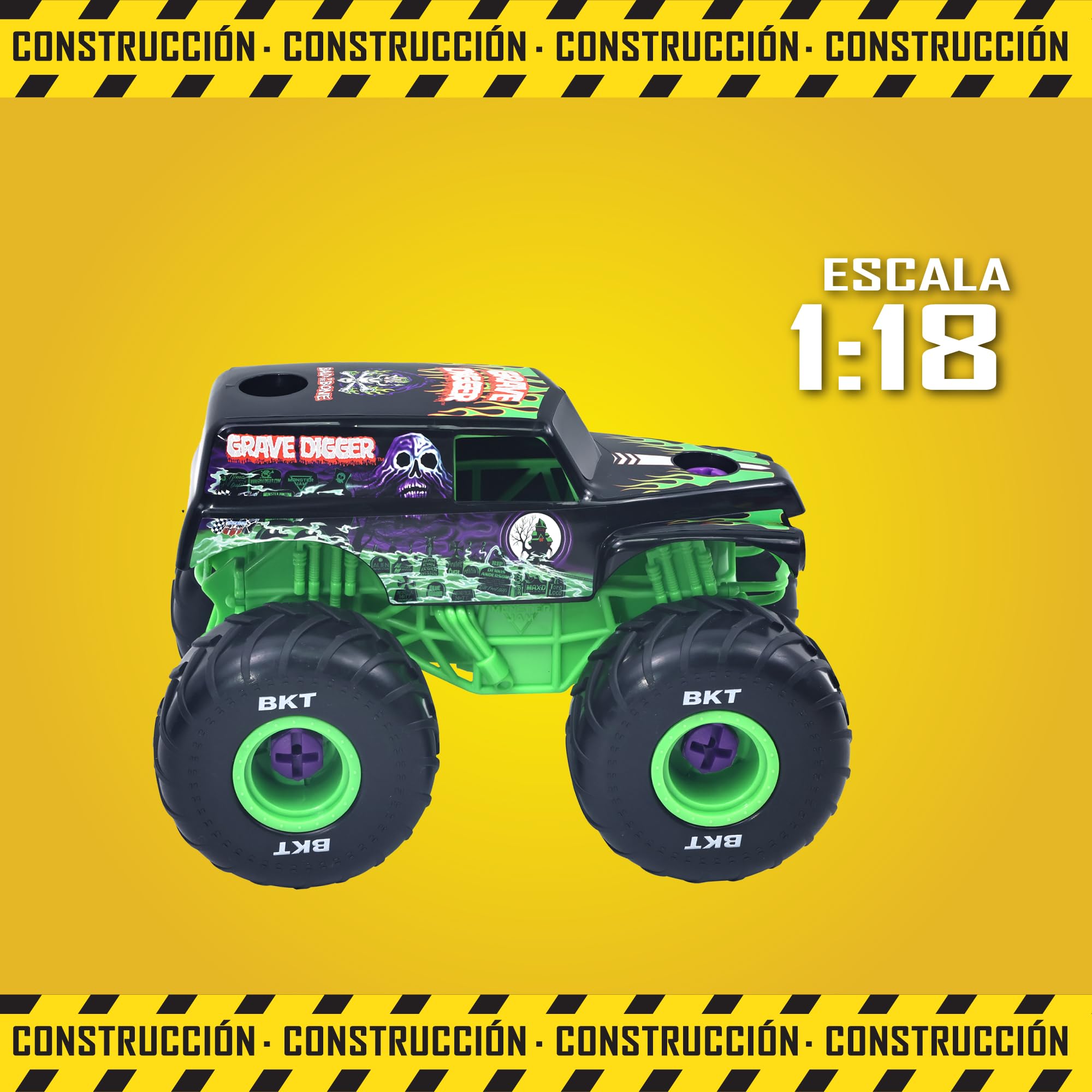 MonsterJam Mechanix - Vehículo a Escala 1:18 con Piezas Desmontables, Incluye Destornillador y 4 Ruedas, Modelo Grave Digger, 3 Modelos Disponibles para Coleccionar, Famosa (MNJ02100)