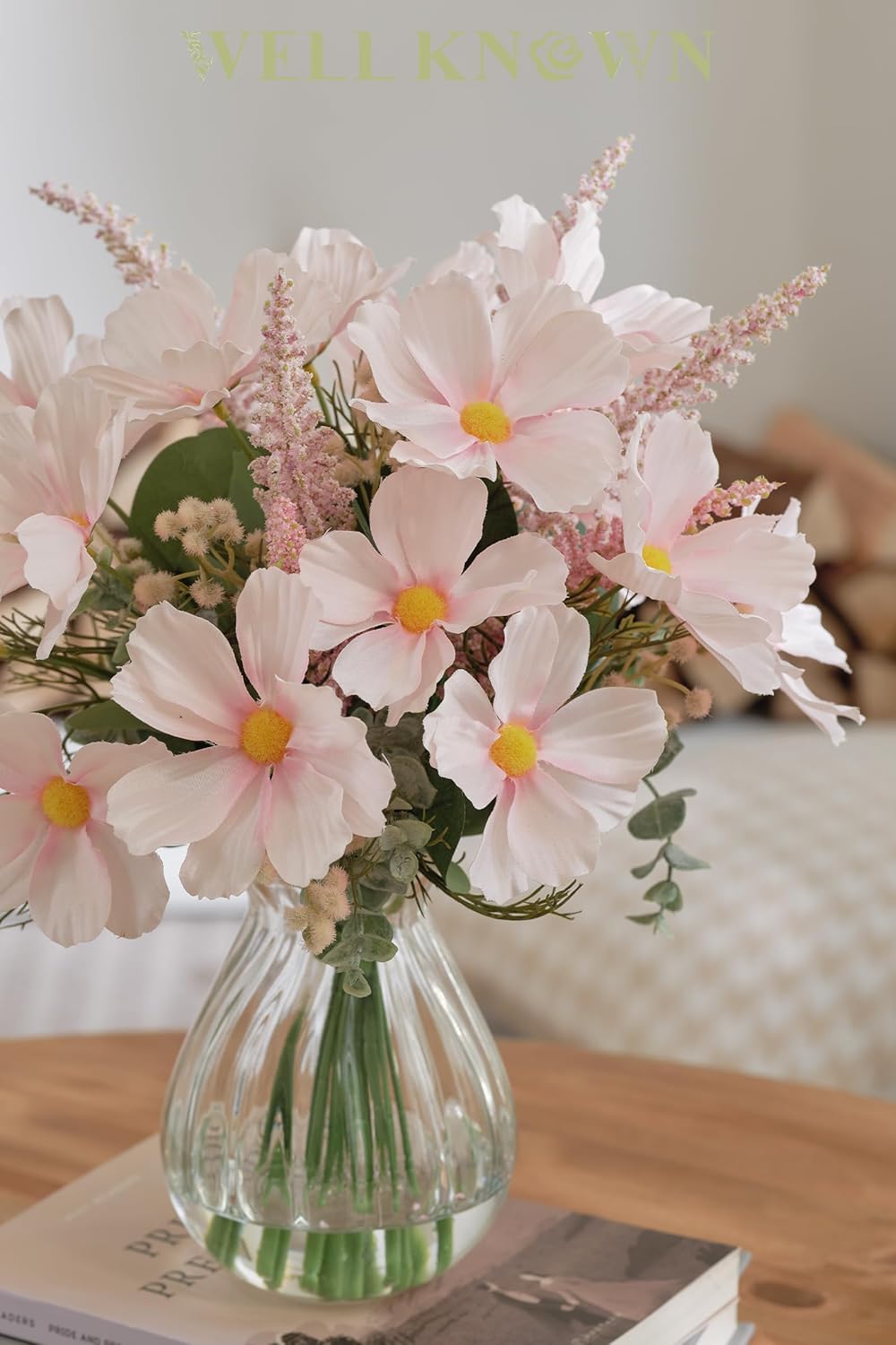 WELL KNOWN Artificial Flowers in Vase for Spring Home Decor, Fake Silk Pink Flowers with Glass Vase with Fake Water, Fake Astillbe Eucalyptus for Wedding Party Bathroom Farmhouse Kitchen Dining Table - Image 8