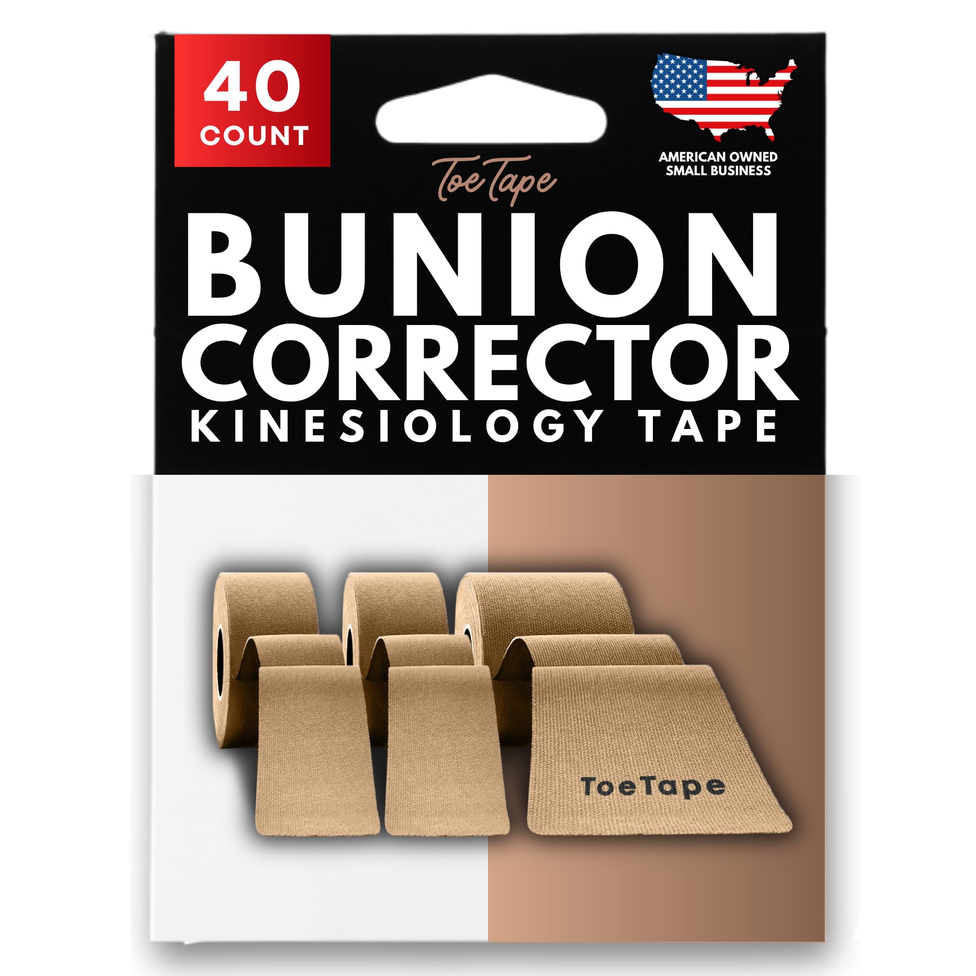Bunion Corrector Kinesiolgy Tape (40 Pack) - Pain Relief and Toe Straightening for Moderate Bunions - Perfect for Active Lifestyles and Athletes - Kinesio Tape Bunion Corrector for Women Big Toe - Bunions Correction K Tape for Men and Women (Nude Color)
