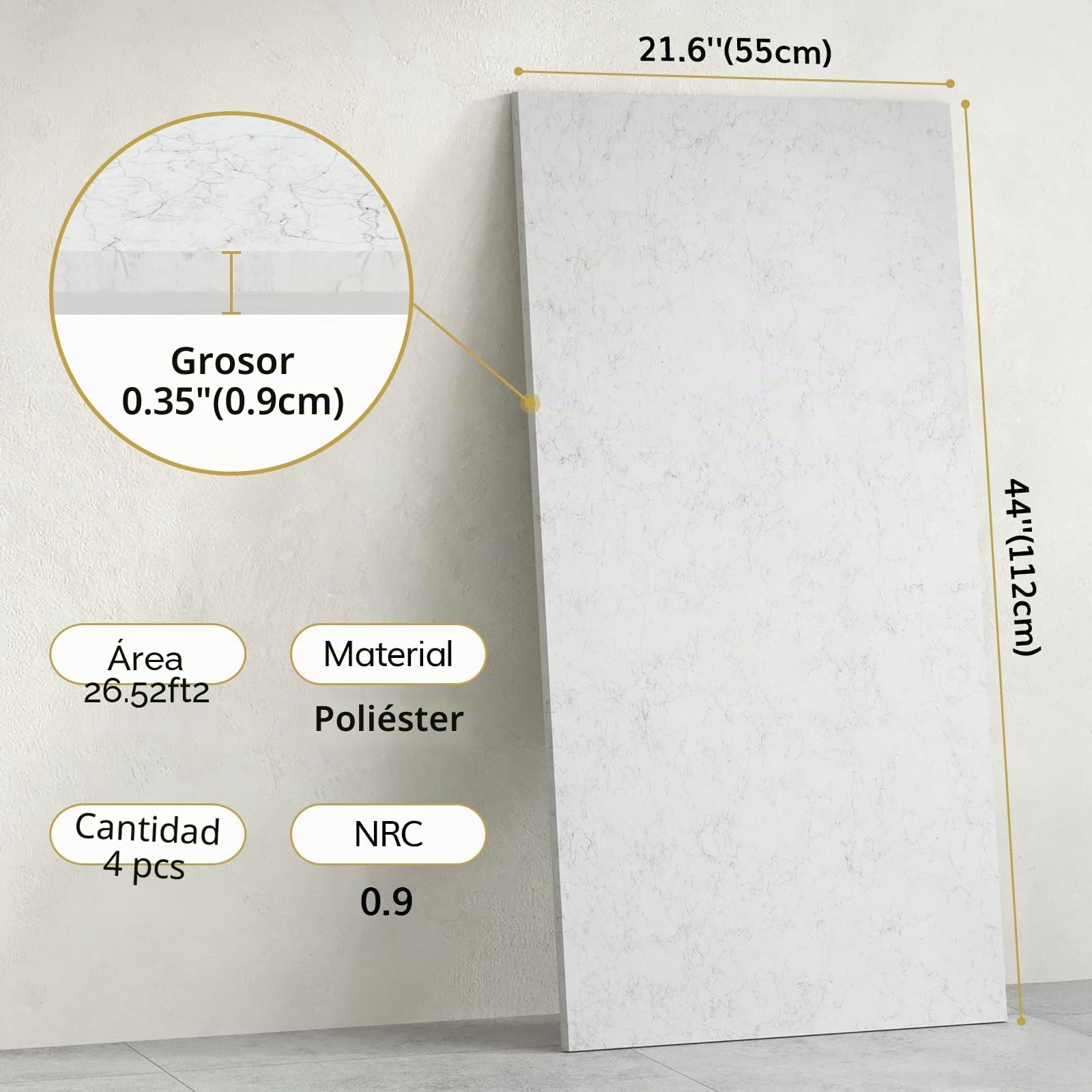 TONOR Paneles Decorativos para Pared, 4 Paneles 112x55 cm, Panel Acusticos Autoadhesivos para la Decorativo de Paredes Interiores, Estudio, Sala de Estar, Oficina, Gris Claro