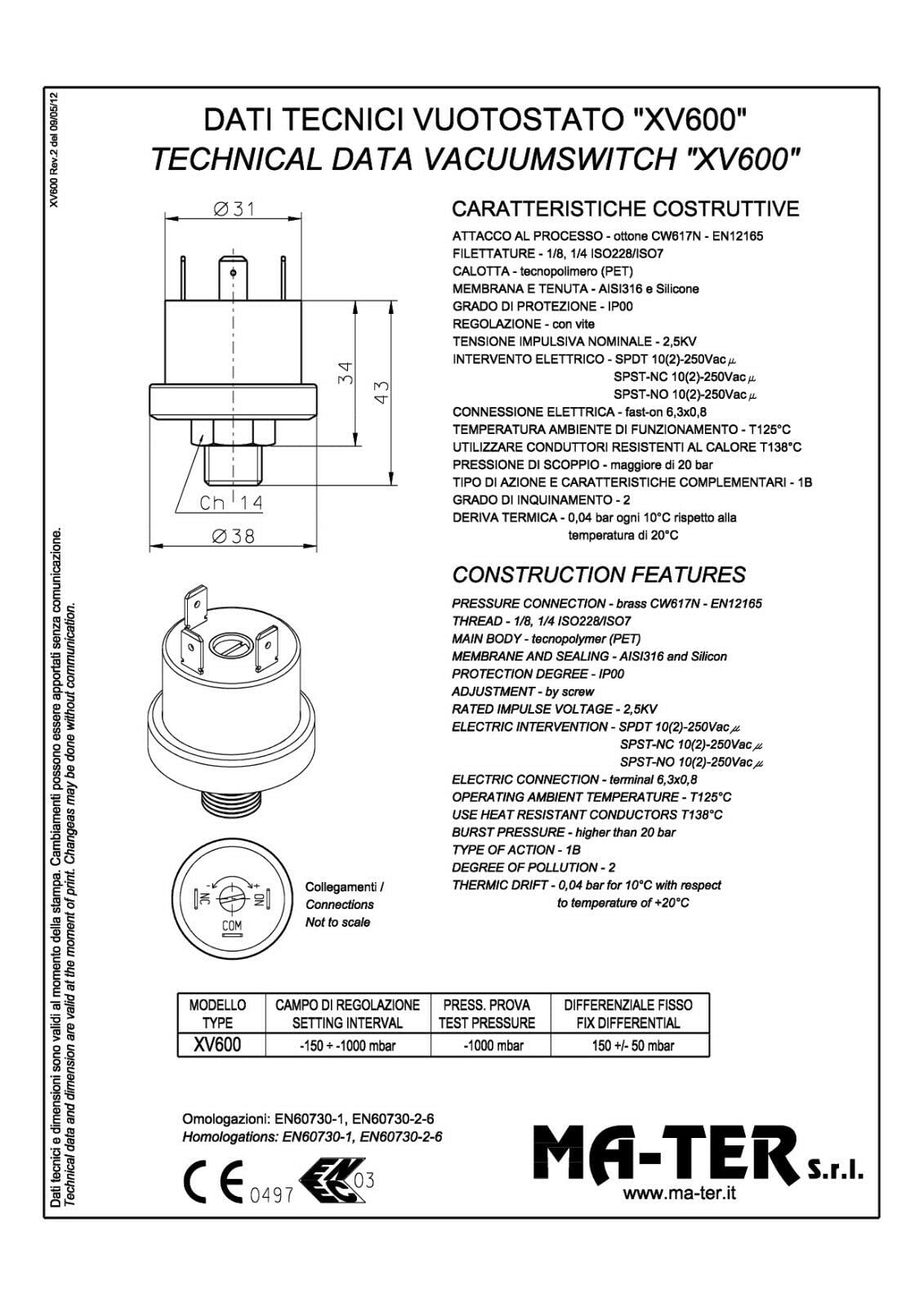 Mater XV600 Interrupteur sous vide XV600 Pressostat | 1/8"
