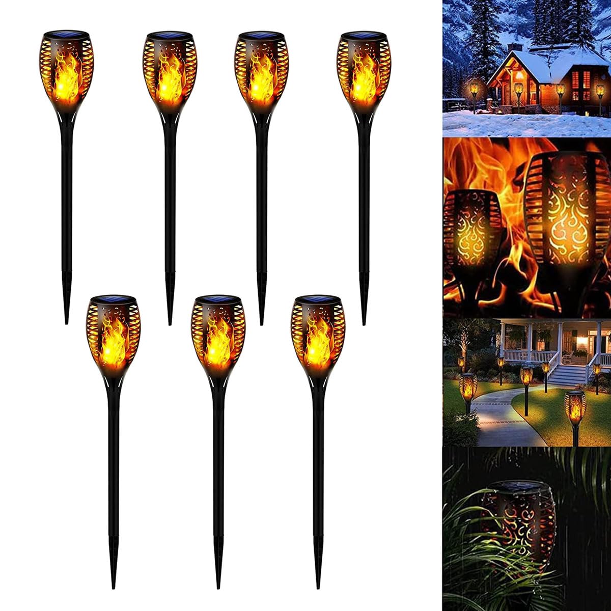 YU WELLPack of 7 Solar Flickering Flame Torch Light 51cm LED Waterproof Torch Light for Garden Lawn Patio Halloween Outdoor Décor