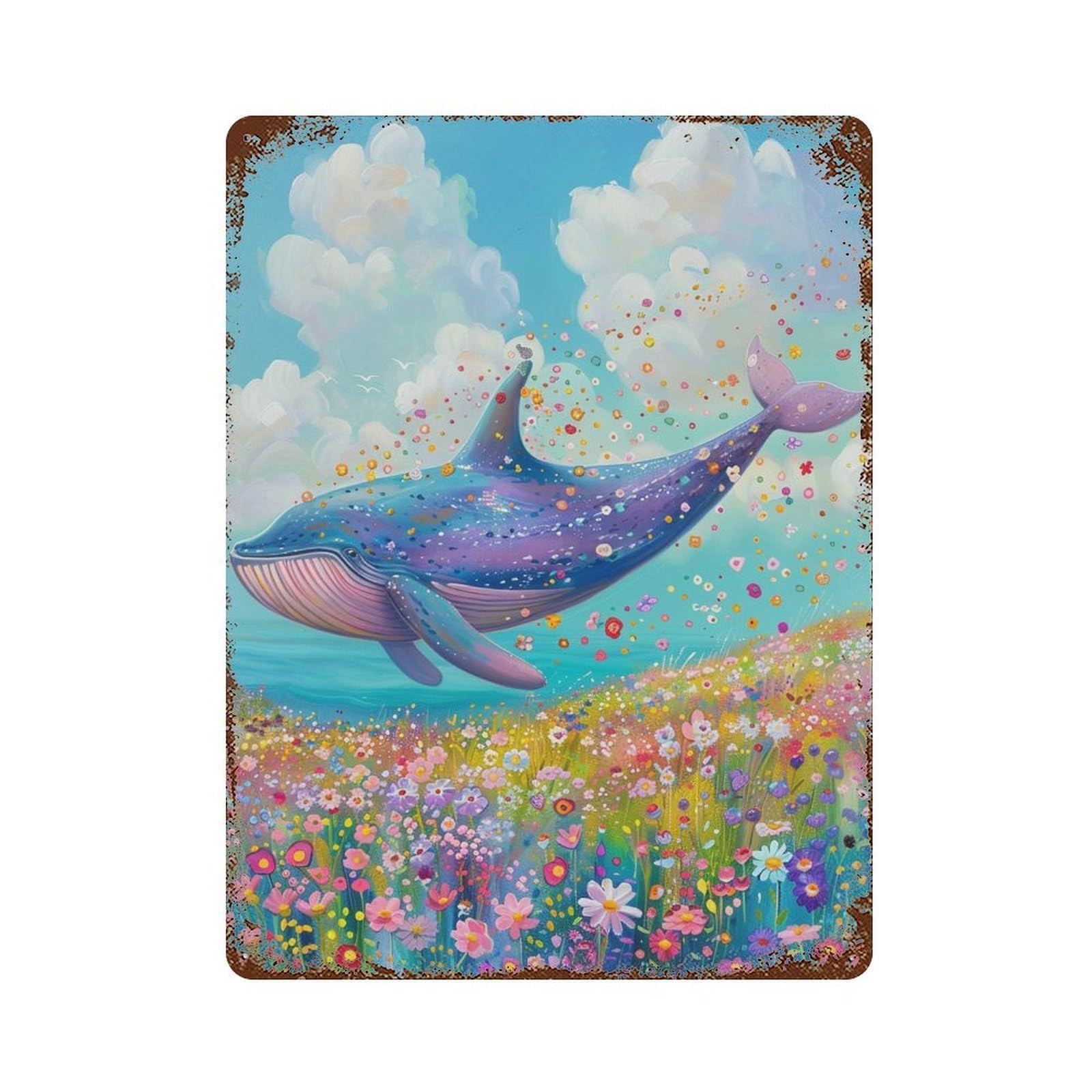 Whale in Flower Field-5 15.7"x11.8" Vintage Rust Metal Sign, Classic Wall Plaque for Office, Studio And Wall Decor