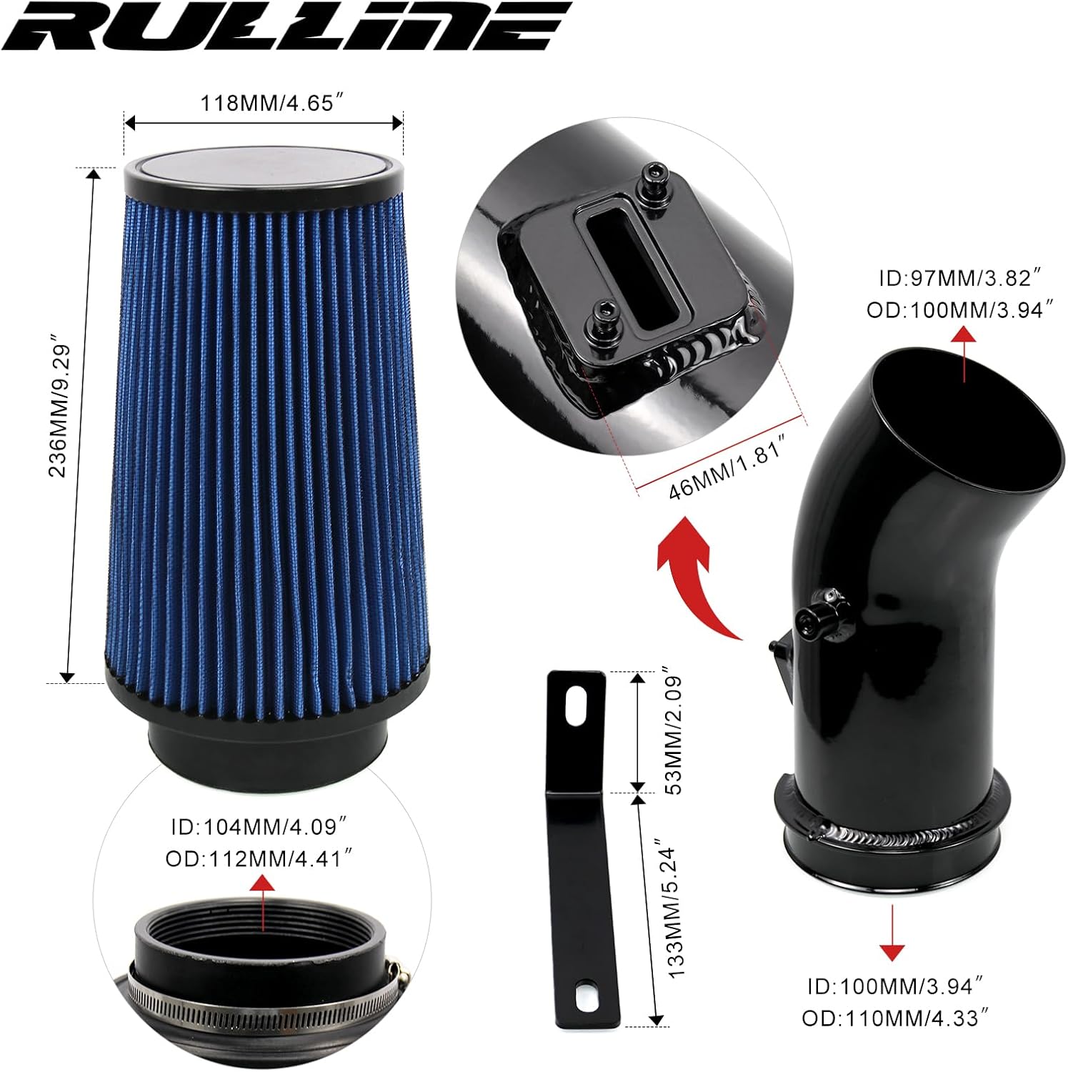 RULLINE 4" Air Intake System with Oiled Filter for Ford F250 F350 F450 6.7L Powerstroke Diesel 2011-2016