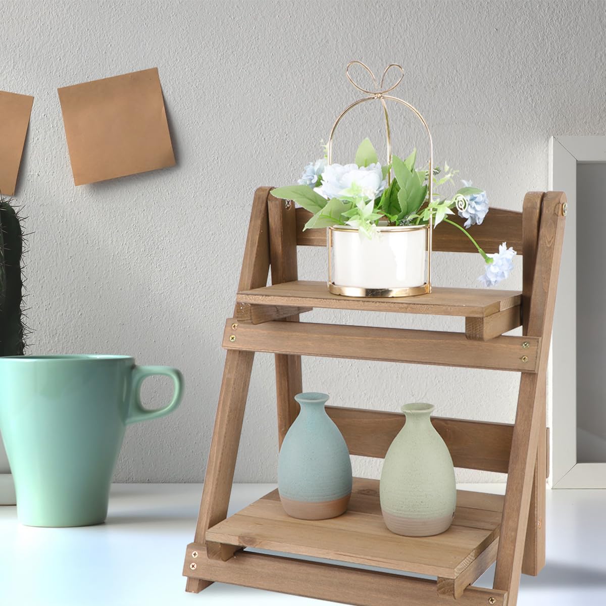 INOOMP Retro Holz Pflanzenständer mit Zwei Ebenen Faltbar und Mehrschichtig Einfacher Blumentopfhalter für Balkon und Zuhause Stabil und Platzsparend