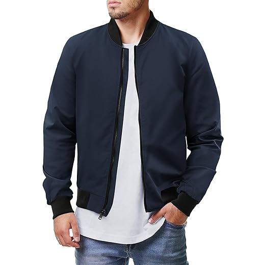 COOFANDY Jaqueta masculina de couro sintético PU casual manga longa listrada uniforme de beisebol (azul escuro/preto)