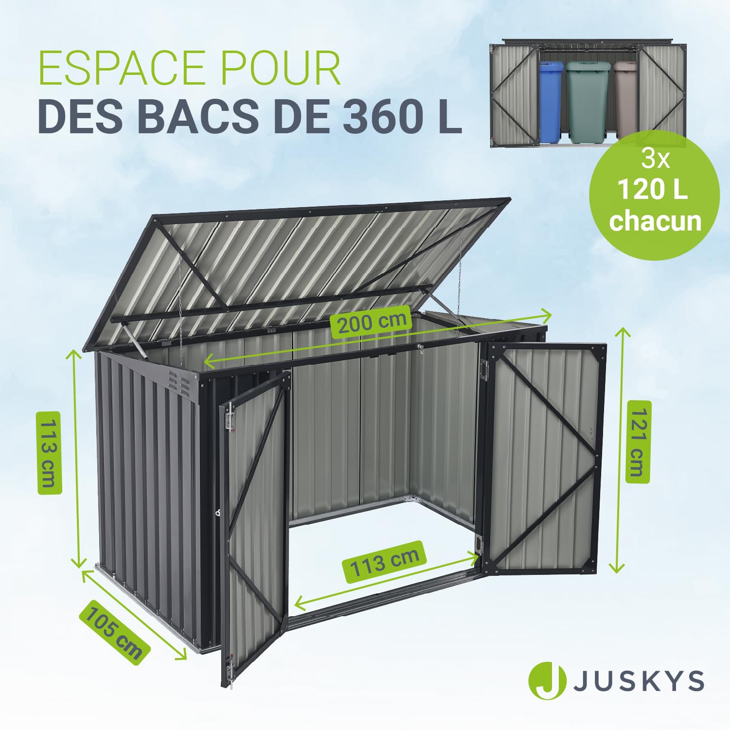 Juskys Conteneur pour 3 poubelles Namur 3 bacs de 120 litres – 2 m² – 2 Portes – Coffre, boîte, boîtier de Rangement Gris