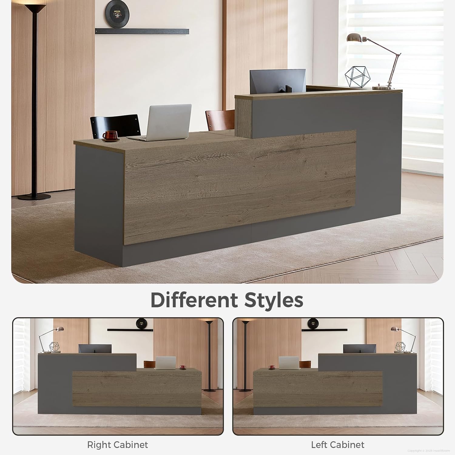 71" L-Shaped Reception Desk with Counter, Front Desk with Lockable Drawer, Keyboard Tray & Shelves for Salon, Clinic, Retail & Office Lobby, Tobacco Wood & Iron Gray, Left Cabinet
