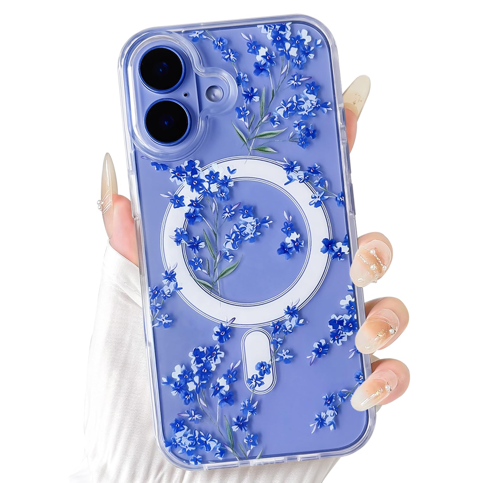 NITITOP Compatible with iPhone 16 Case Clear Magnetic Compatible with MagSafe Cute Flowers Floral Leaves for Women Girls Hard PC Back Shockproof Protective Phone Cover - Blue