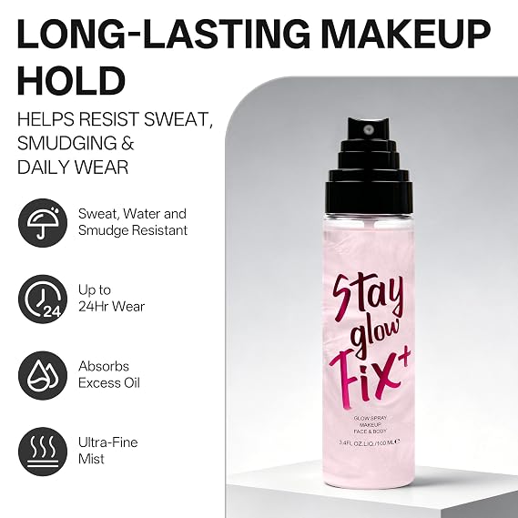 Makeup Setting Spray, Long Lasting Shimmer Fixing Spray for Face Body Makeup, Lightweight Hydrating Setting Mist with Dewy Finish, Waterproof Resistant Face Make Up Primer for All Skin Type, 3.4 Fl Oz