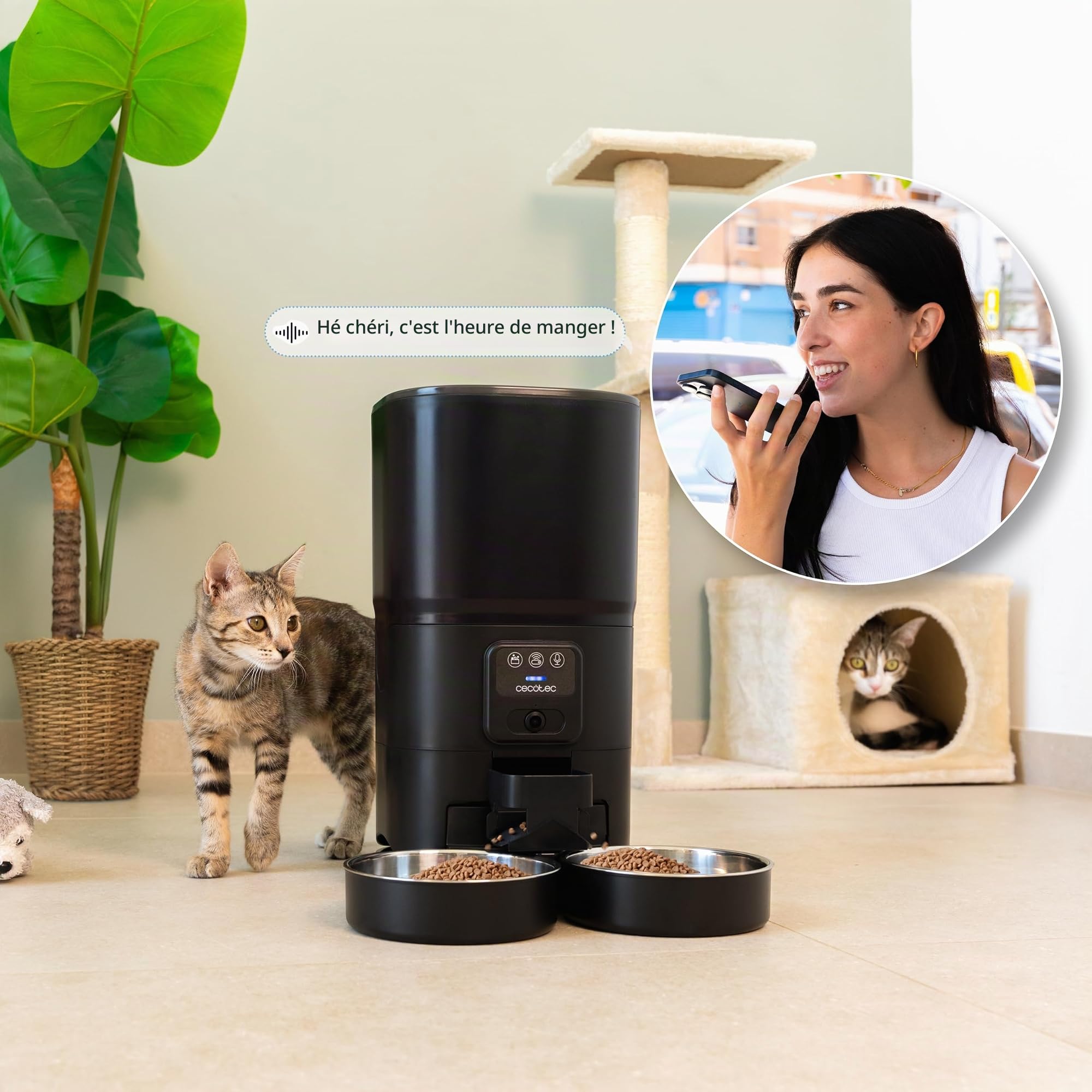 Cecotec Distributeur Automatique de Nourriture pour Animaux avec Contrôle WiFi, Caméra et Enregistreur Vocal Pumba 8600 Double Meal Vision. 7L, Programmable, Contrôle Portions, Double INOX Bol, App