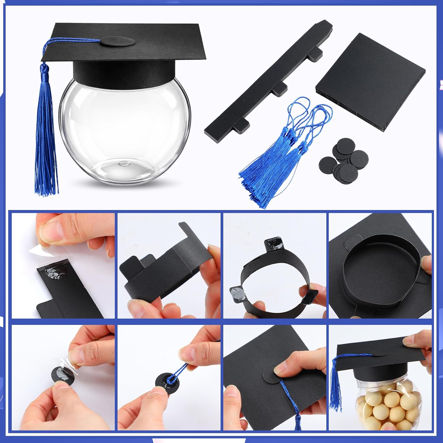 Teenyyou 24 Pcs Blue 2026 Graduation Cap Candy Jars Graduation Party Favors Candy Containers Bulk Grad Cap Box Jars Container with Tassels for DIY Table Party Supply Gifts