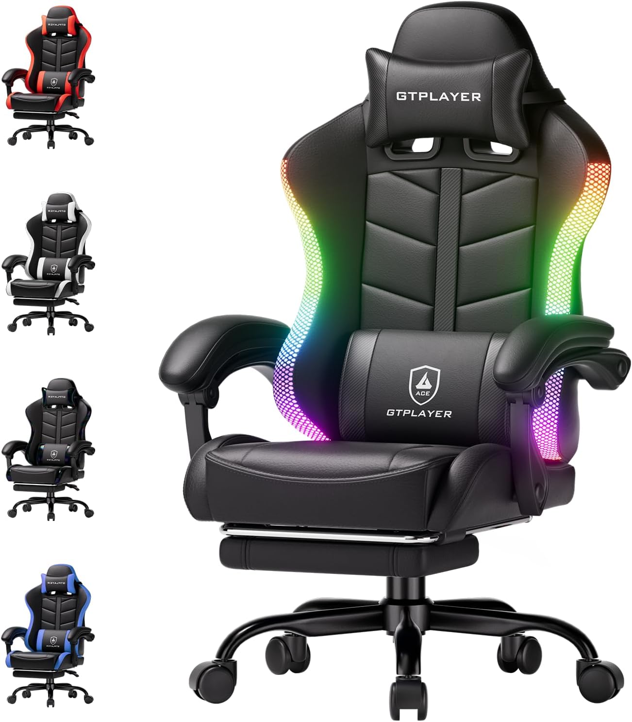 GTPLAYER Gaming Chair, Ergonomic Computer Office Chairs for Adults with Footrest, Height Adjustable, Linkage Armrests, 90-155° Recline & Headrest Lumbar Support, RGB Black