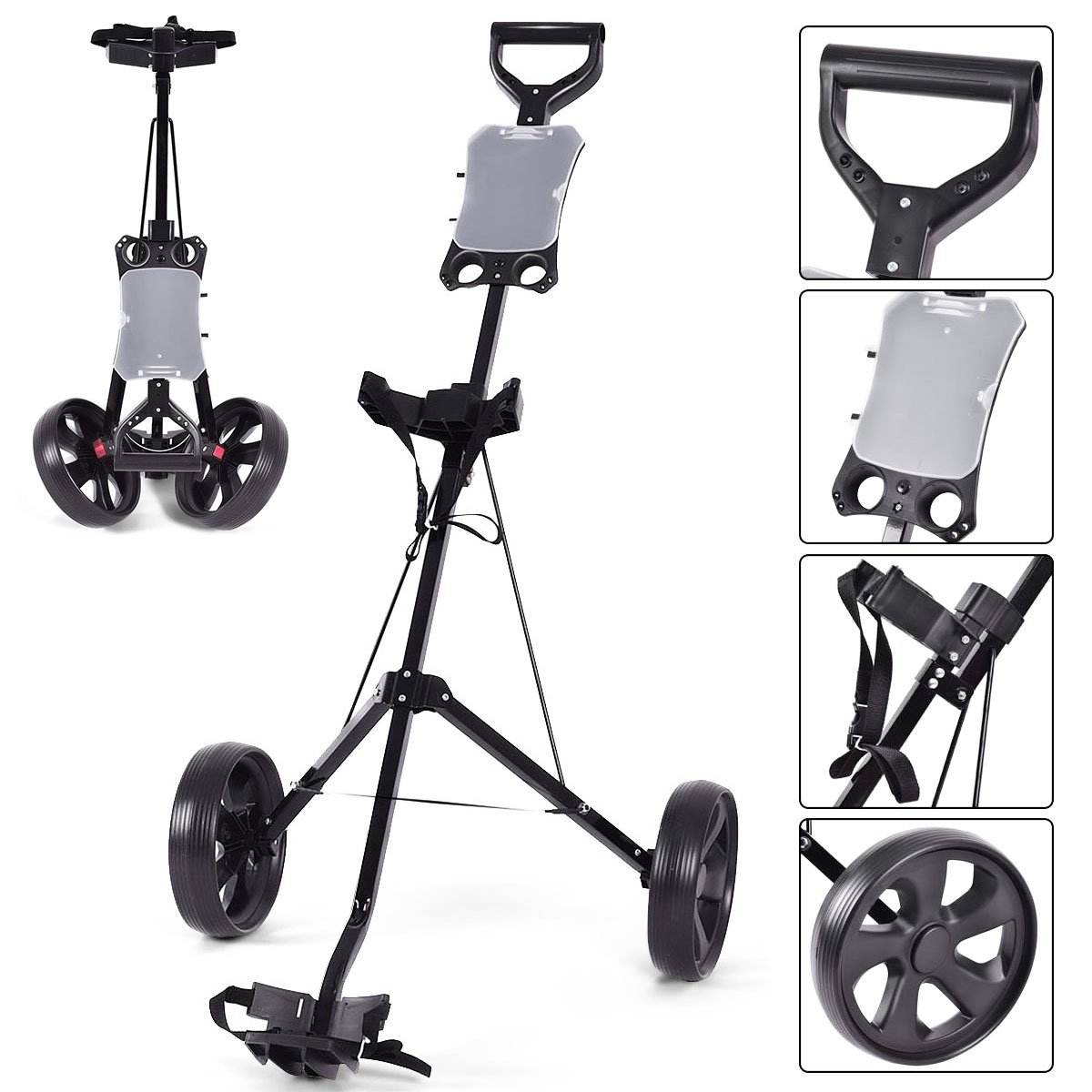 RELAX4LIFE Carrello da Golf Pieghevole, con 2 Ruote Flessibili e Tabellone Segnapunti, Leggero con Struttura Stabile e Maniglia Comoda, Nero, 140 x 63,5 x 113 cm
