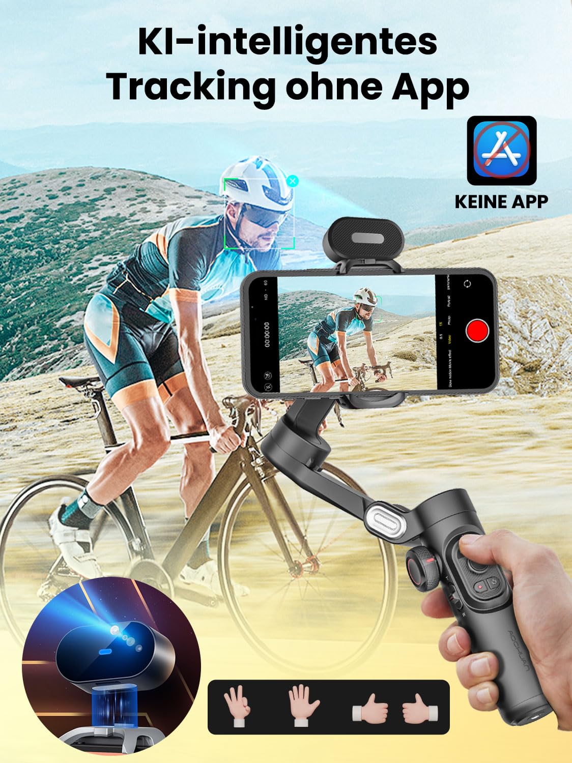 AOCHUAN Gimbal-Stabilisator für Smartphone, NO APP KI-Verfolgung, Gestensteuerung, Inception 360°, mit TikTok YouTube, 3-Achsen-Falt-Gimbal-Stabilisator für iPhone und Android, XE AI-Version