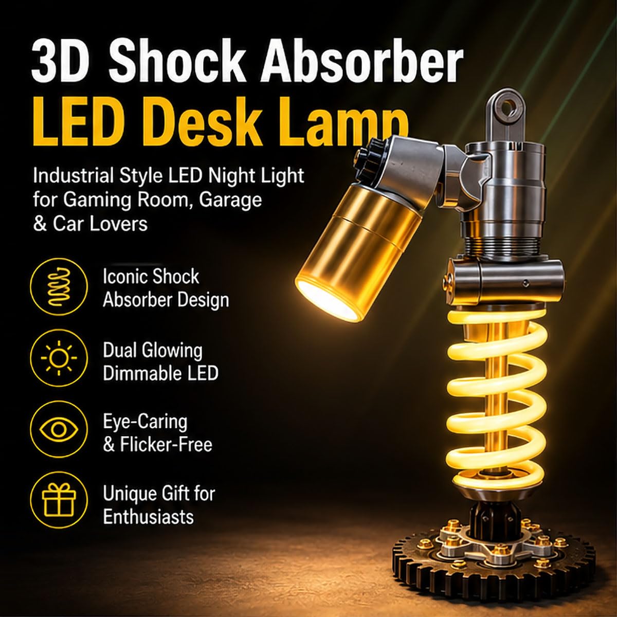 Lampada da scrivania a LED con ammortizzatore 3D, luce notturna a LED in stile industriale, pressione dell'aria regolabile e LED a molla morbida e luminosa, per sala giochi, garage e amanti delle auto
