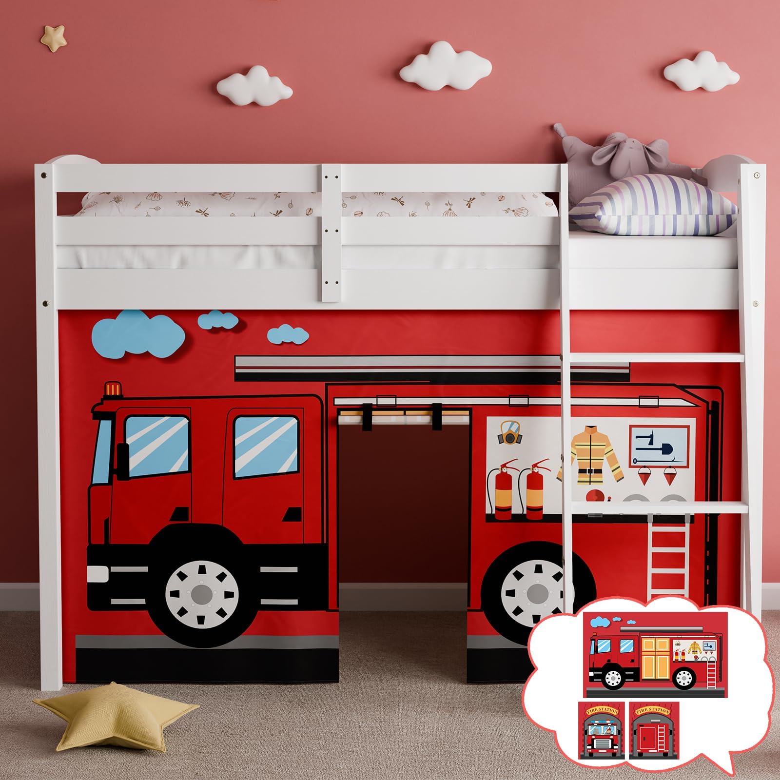 Fire-Truck Bunk Bed - 45H Curtains Premium and Customizable Cartoon Loft Bed Curtains for Children to Enhance The Imaginative Creation Bedroom Curtains(3PCS,Twins)