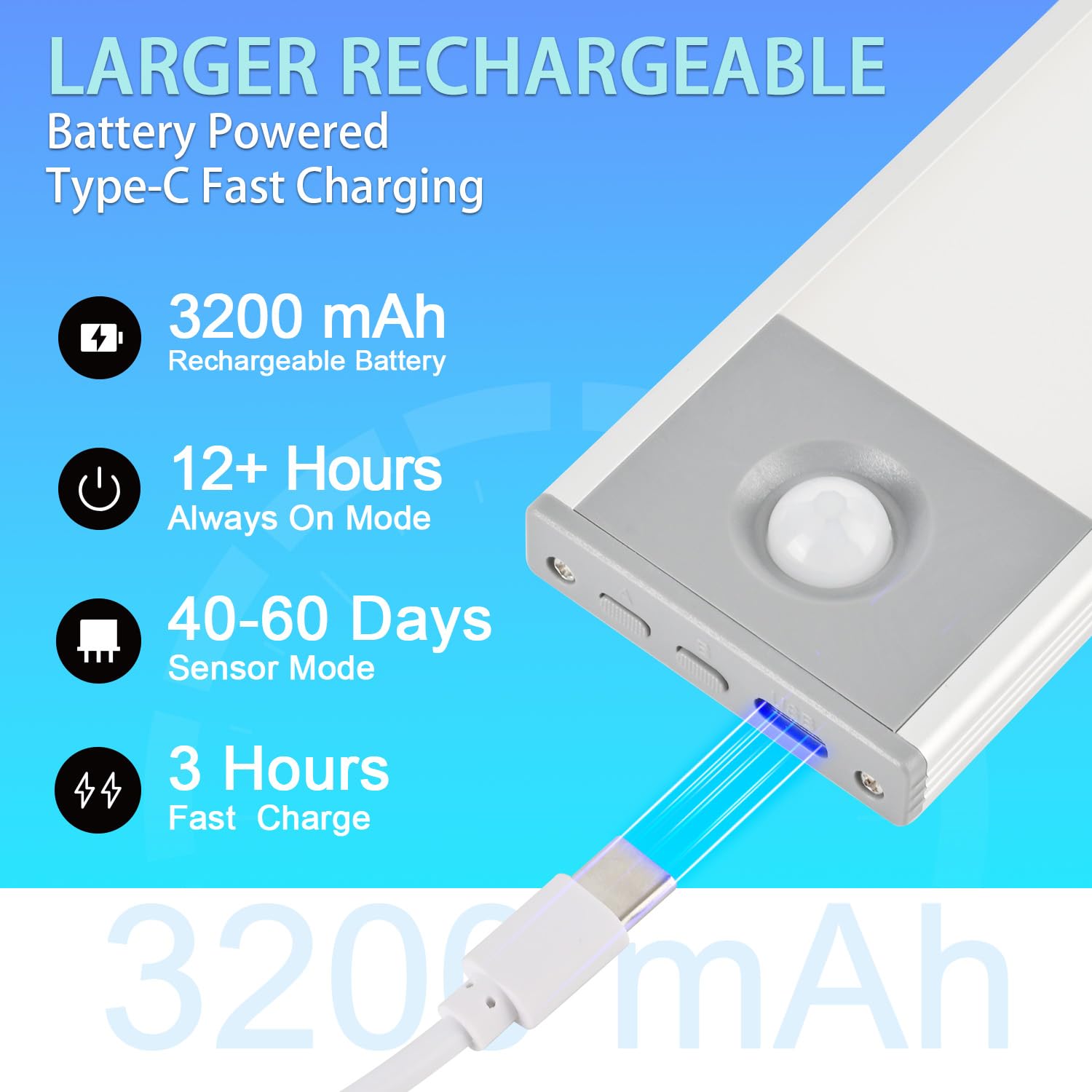 Iluminación LED para debajo del gabinete, luz magnética con sensor de movimiento para interiores, luces de armario recargables de 3200 mAh, luces debajo del mostrador para escaleras de cocina (8