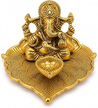 TIED RIBBONS Ganesh Metal Diya, 2.5 Inch | Golden Lord Ganesh Sitting on Paan Leaf Design Oil Lamp | Puja Diya for Diwali Decorations, Ganesh Chaturthi Decoration, Navratri, Indian Return Gifts