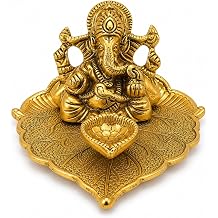 TIED RIBBONS Ganesh Metal Diya, 2.5 Inch | Golden Lord Ganesh Sitting on Paan Leaf Design Oil Lamp | Puja Diya for Diwali Decorations, Ganesh Chaturthi Decoration, Navratri, Indian Return Gifts