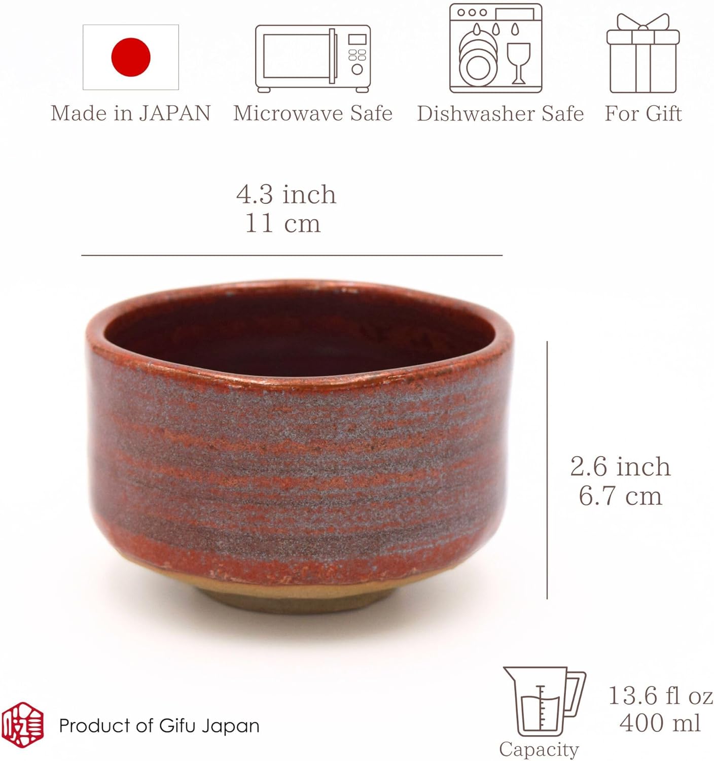 Product of Gifu Japan Ceramic Matcha Bowl, Handmade Chawan Japanese Green Tea Cup, Matcha Mixing Bowl, 400ml 13.6 oz, Brush Stroke Pattern, Red, Japanese Gifts