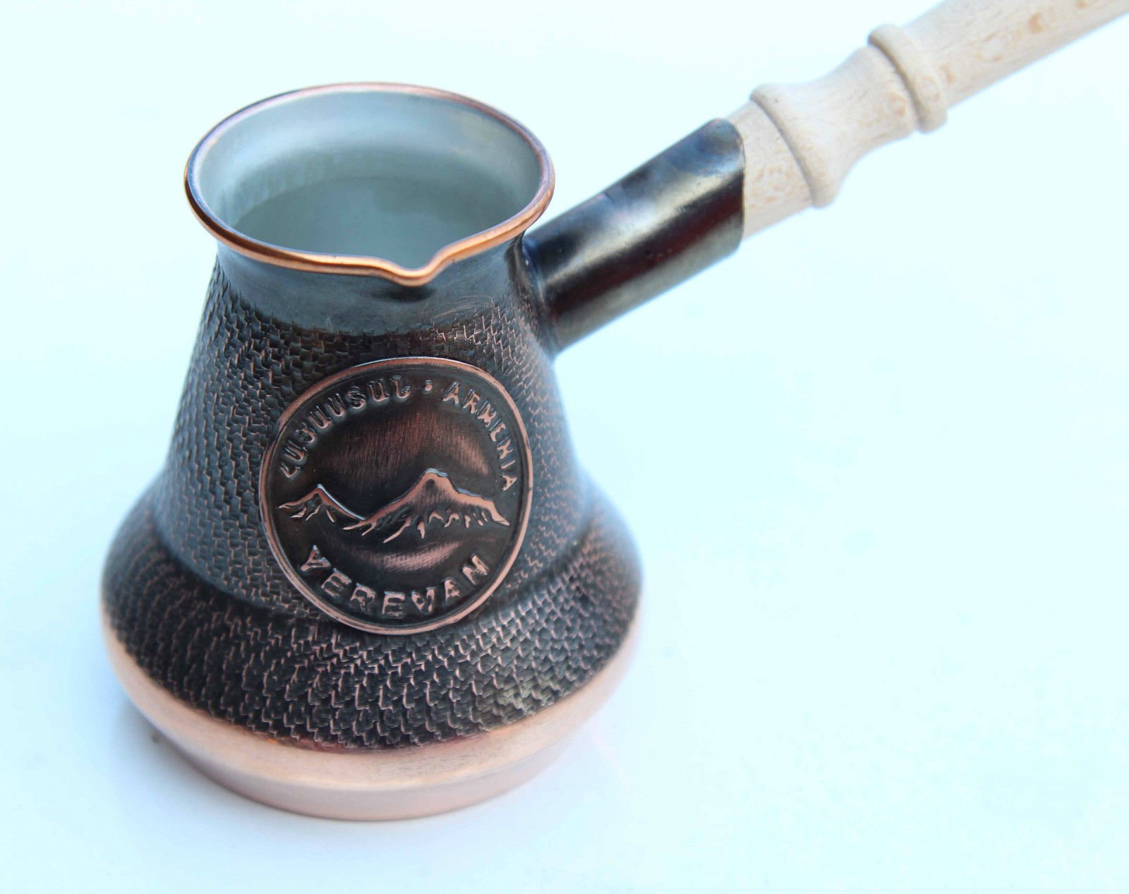Solid Copper Armenian Turkish Greek Arabic Coffee Pot Maker Cezve Jezve Jazve Ibrik Briki with Wooden Handle (Ararat) (3-4 cups)