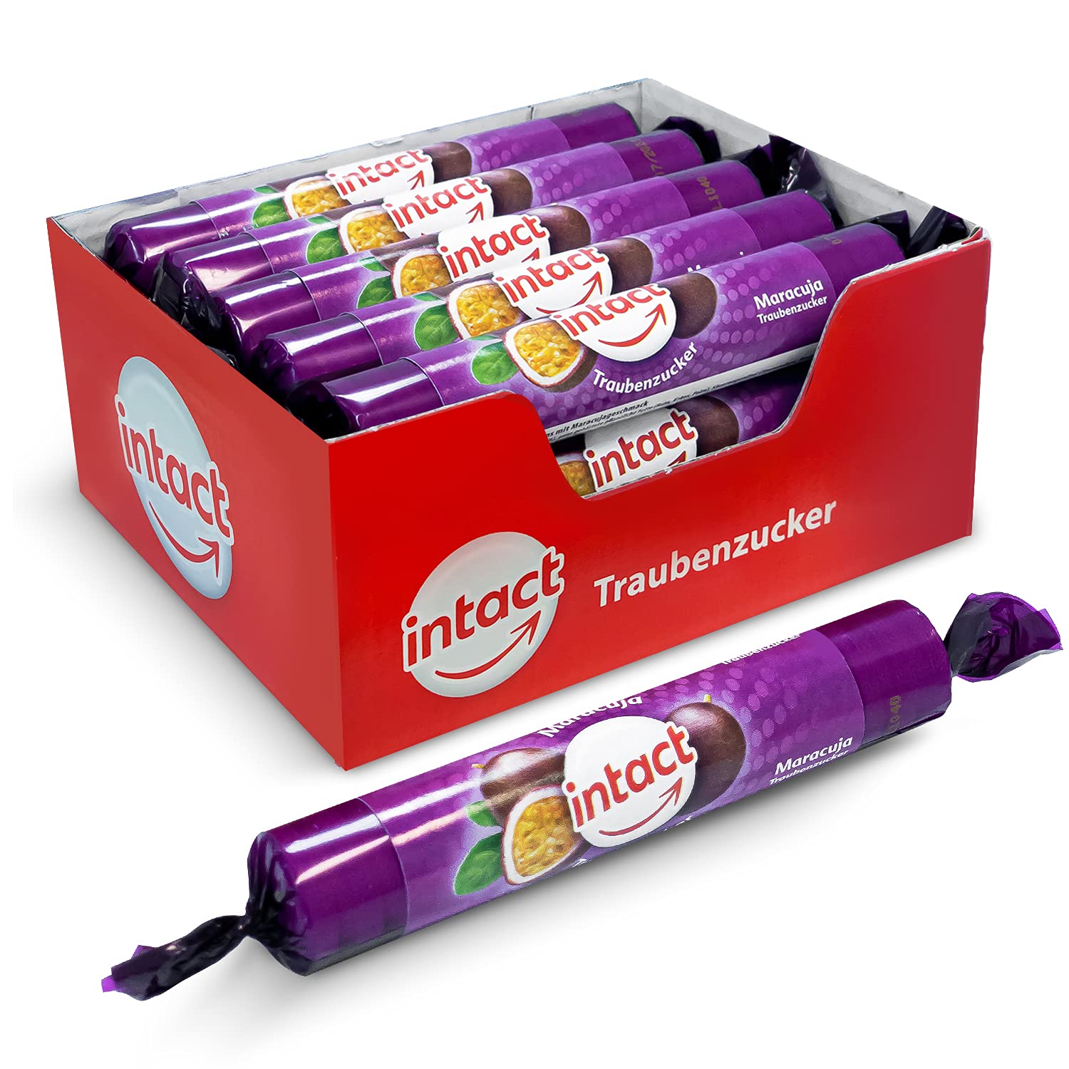 intact Traubenzucker (Maracuja) Rolle 15 St. • Multipack (15 x 40g) Traubenzucker Bonbons • 100% Vegan