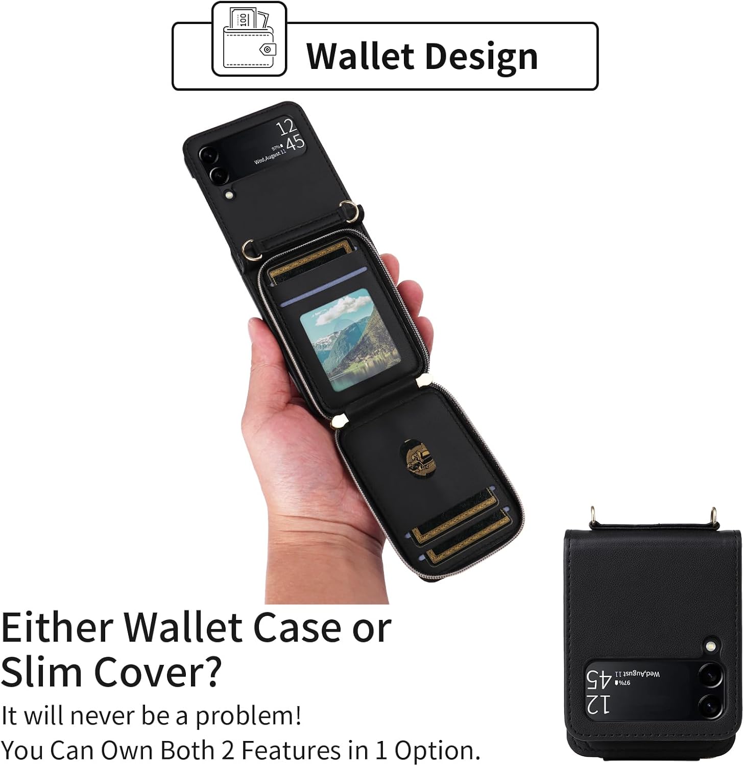 Wallet Case for Samsung Galaxy Z Flip 4 5G 2022 with Wrist Strap Crossbody Shoulder Strap Mutiple Card Slots Zipper Purse, Luxury PU Leather Stand Cell Phone Cover for ZFlip4 Z4 Flip4 4Z Black