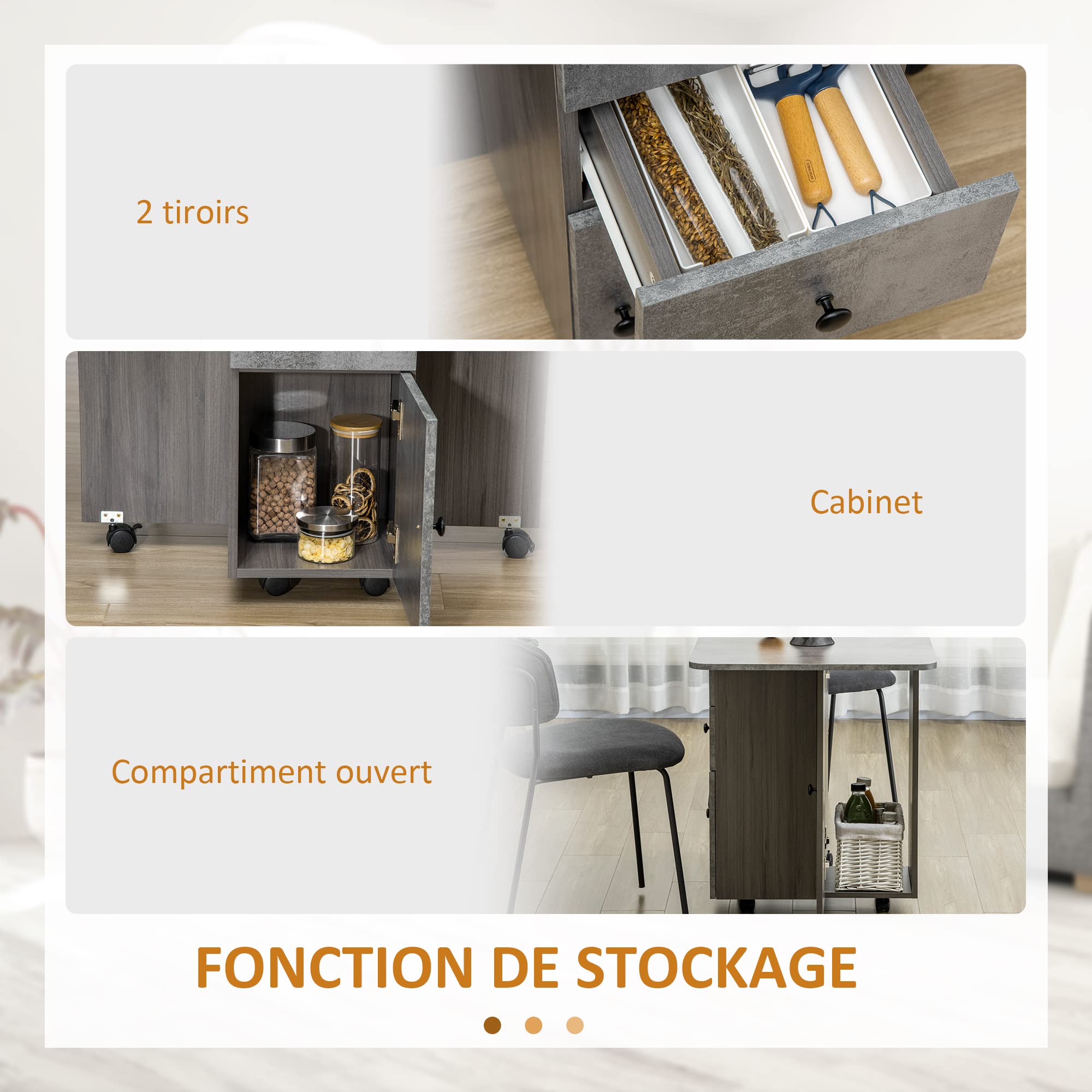 HOMCOM Table de Cuisine Pliable Table à Manger Pliante 2 Plateaux rabattables avec 2 tiroirs 1 Placard et 1 étagère de Rangement 120 x 60 x 76,5 cm - Gris