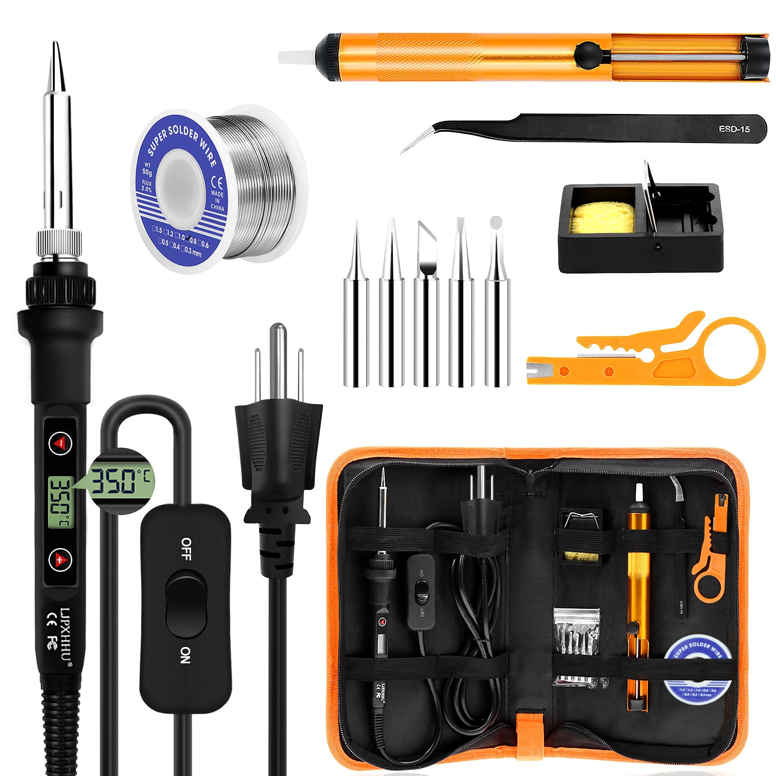 Soldering Iron Kit 80W LCD Adjustable Temperature 180-520℃ Solder Kit Electronics 12 in 1 Welding Tools with ON/Off Switch Solder Wire 5 Soldering Tips Desoldering Pump Stand Tweezers